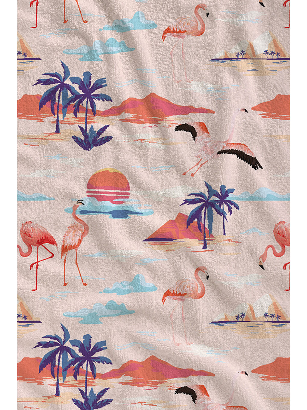 Pembe Flamingo Palmiye Ve Tropikal Sahil Desenli 70x150 Cm Dijital Baskılı Plaj Ve Banyo Havlusu-1