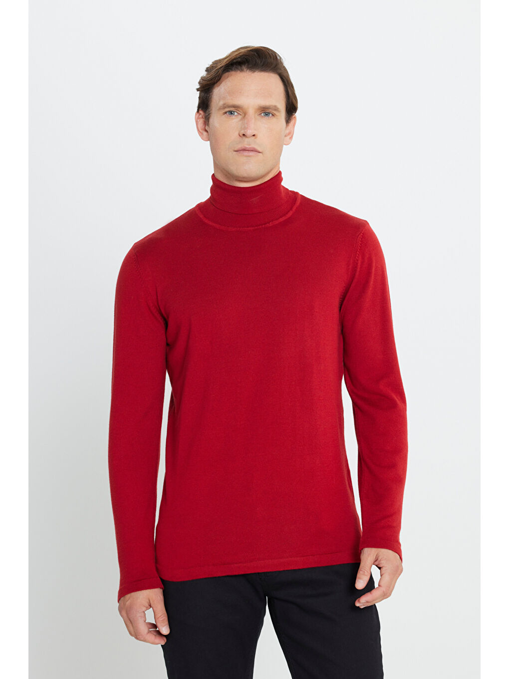 Erkek Kırmızı Standart Fit Normal Kesim Tam Balıkçı Yaka Triko Kazak-2