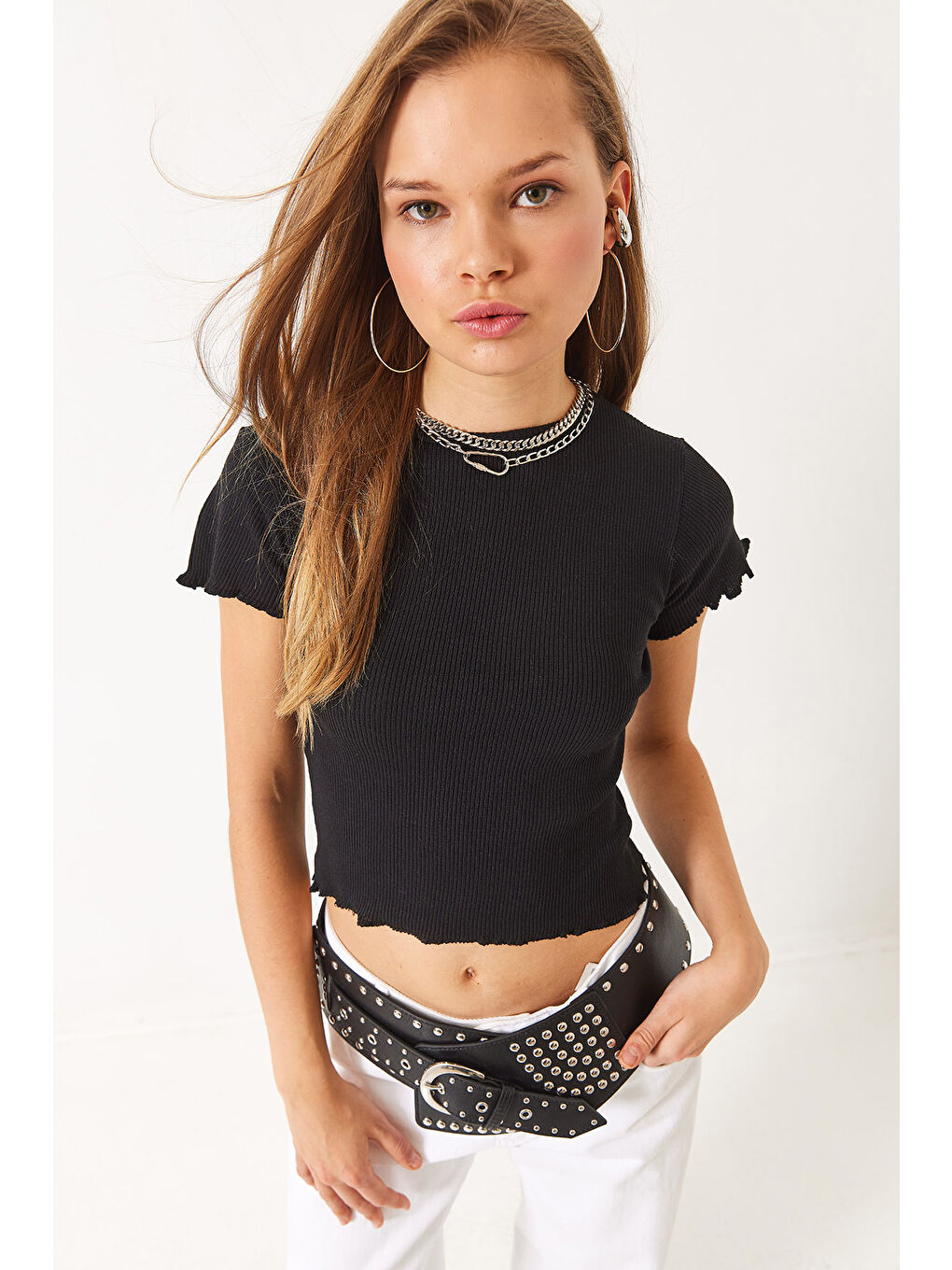 Siyah Kadın Fitilli Kaşkorse Basic T-Shirt-1