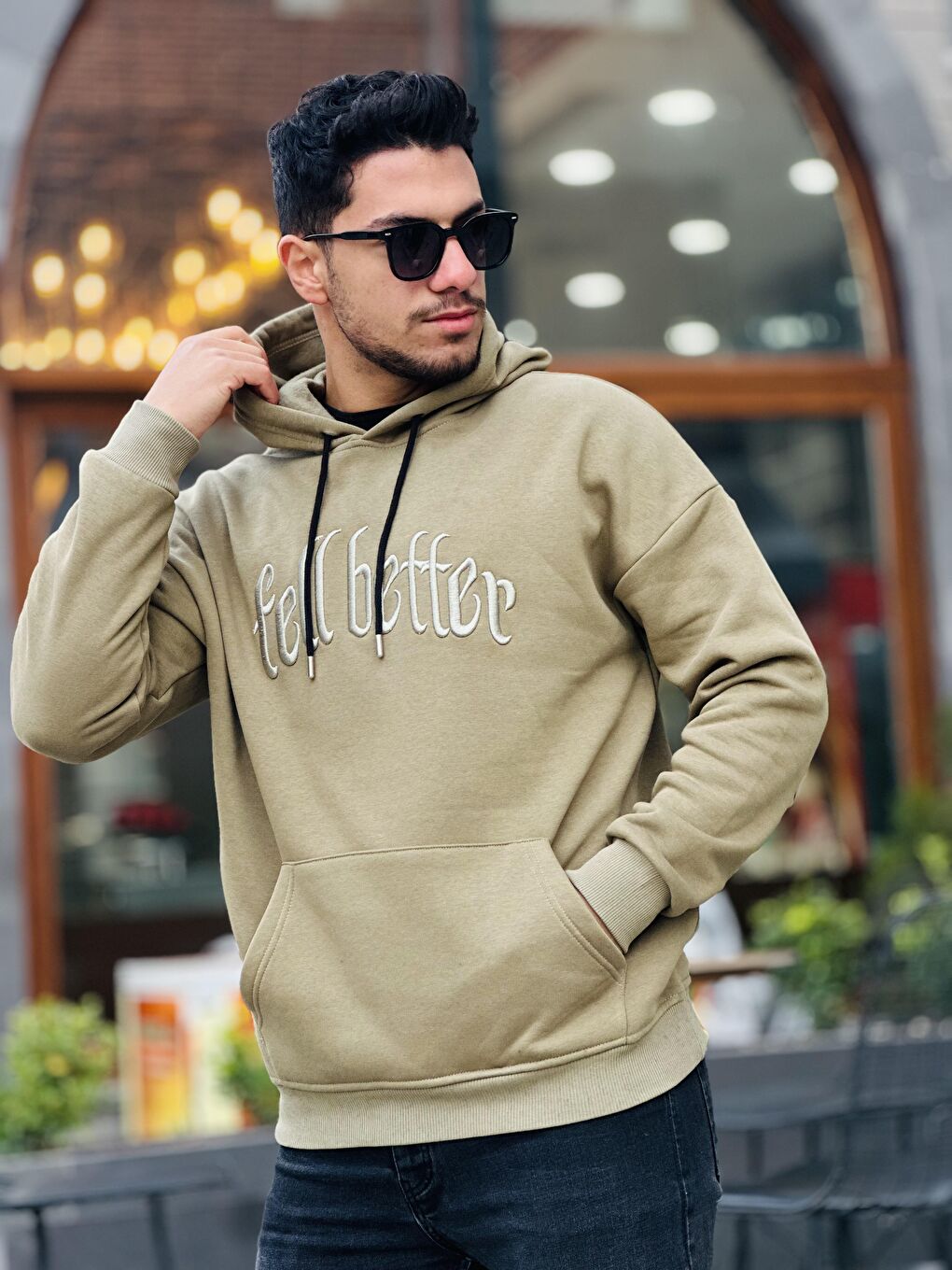 Miron Haki Fell Better Nakışlı Kapüşonlu Üç İplik Oversize Sweatshirt