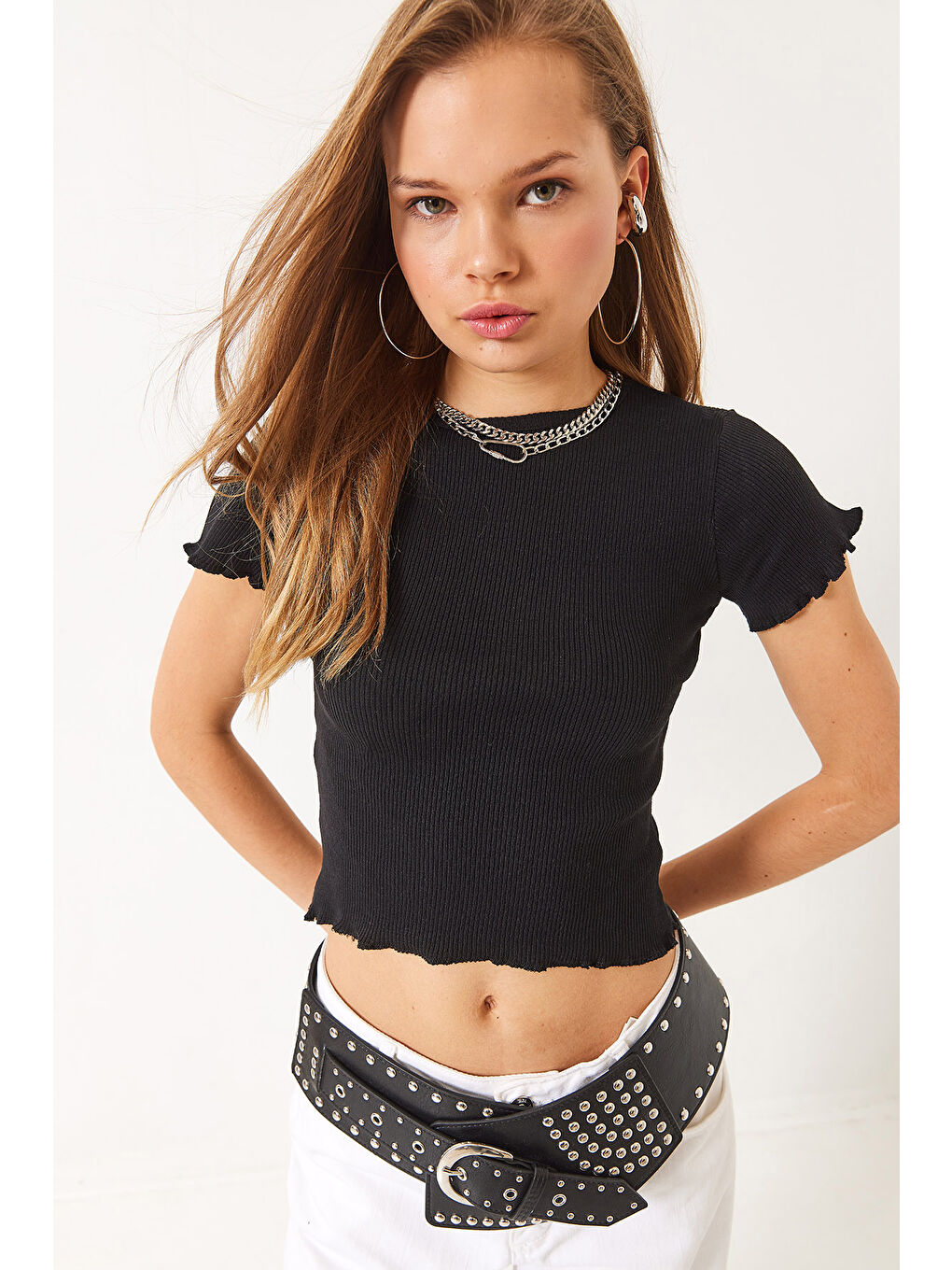 Siyah Kadın Fitilli Kaşkorse Basic T-Shirt-2