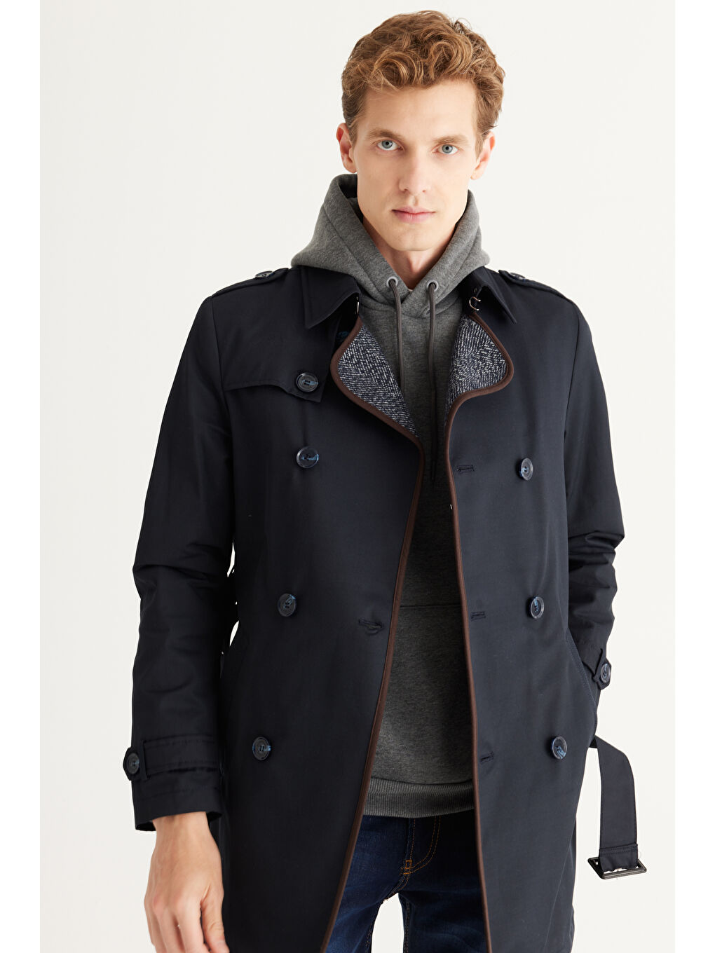 Erkek Lacivert Standart Fit Normal Kesim Gömlek Yaka Pamuklu Trençkot-2