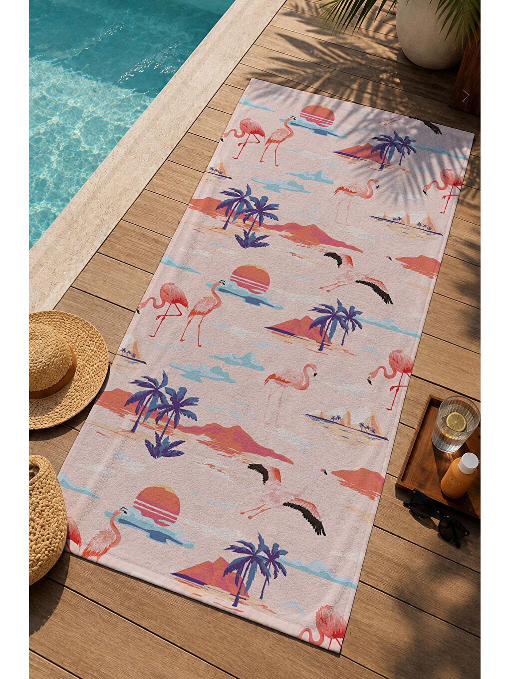 Pembe Flamingo Palmiye Ve Tropikal Sahil Desenli 70x150 Cm Dijital Baskılı Plaj Ve Banyo Havlusu-2