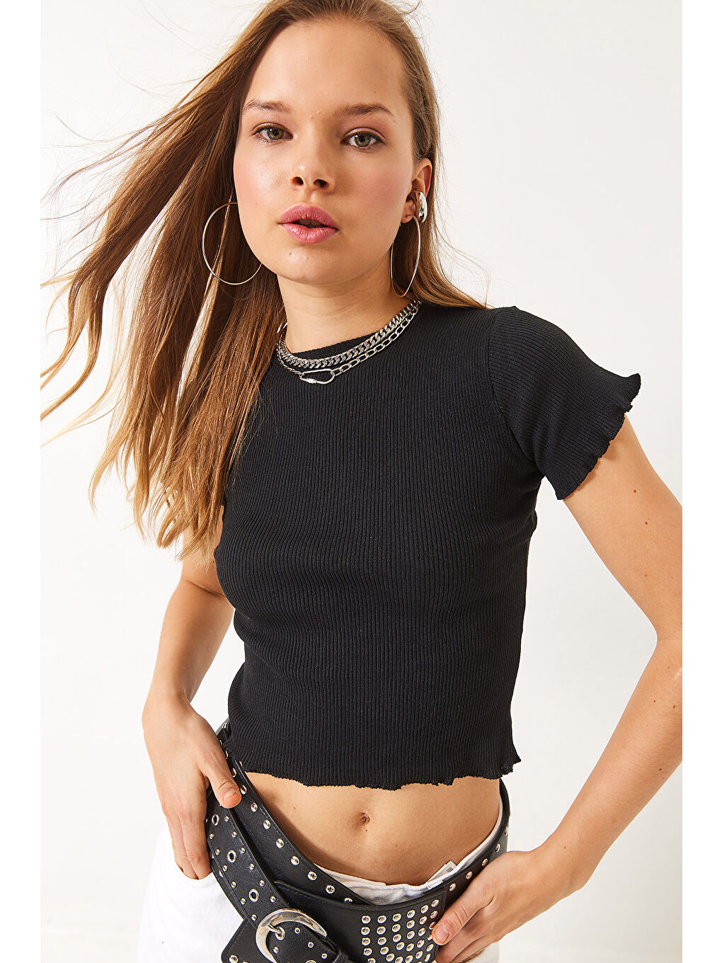 Siyah Kadın Fitilli Kaşkorse Basic T-Shirt-4