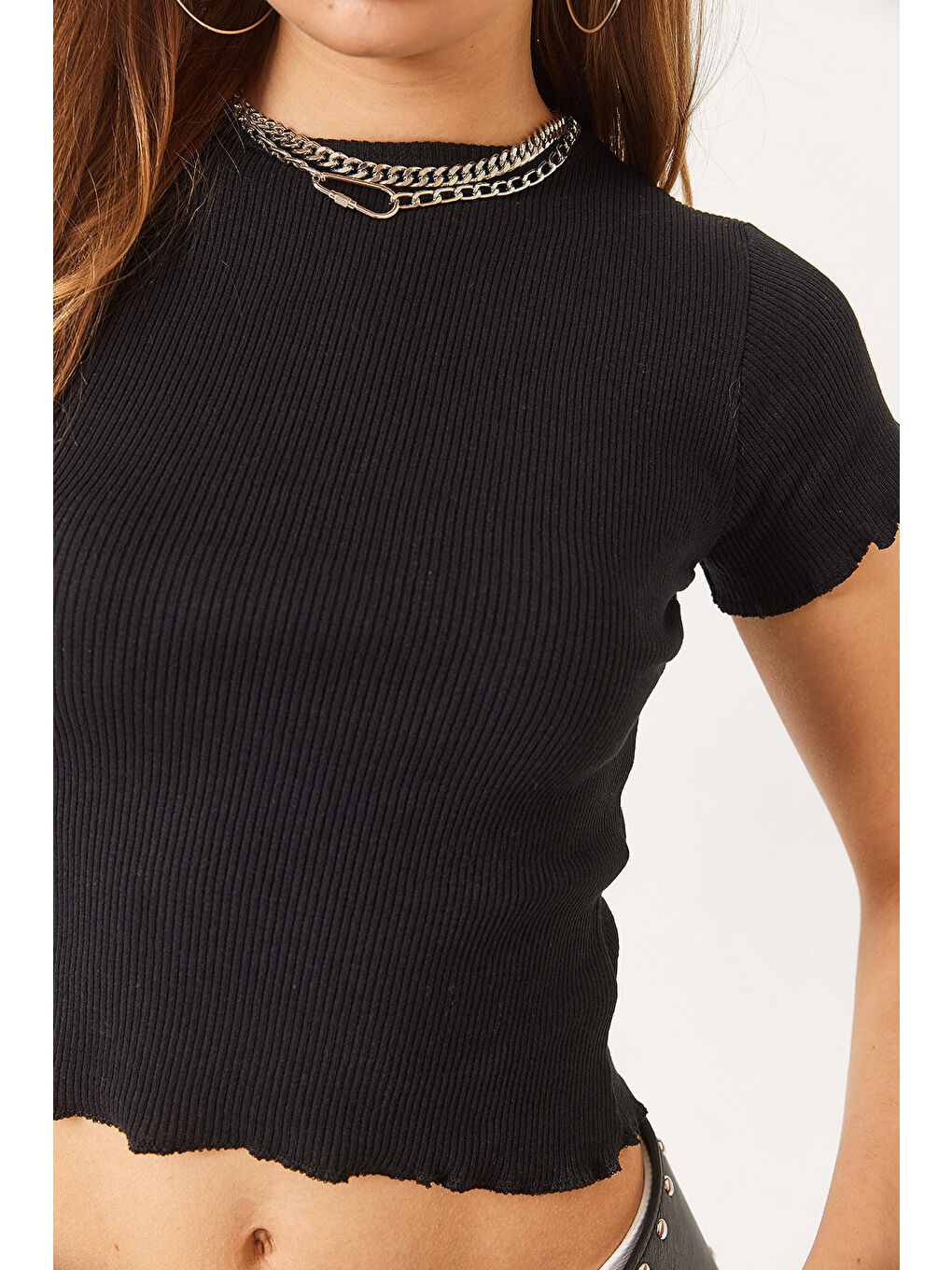 Siyah Kadın Fitilli Kaşkorse Basic T-Shirt-5