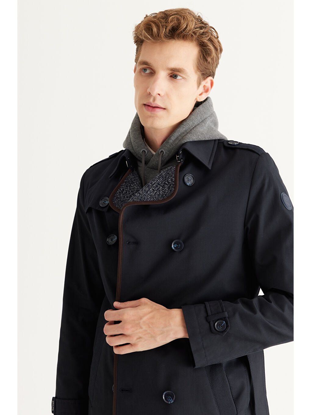 Erkek Lacivert Standart Fit Normal Kesim Gömlek Yaka Pamuklu Trençkot-3