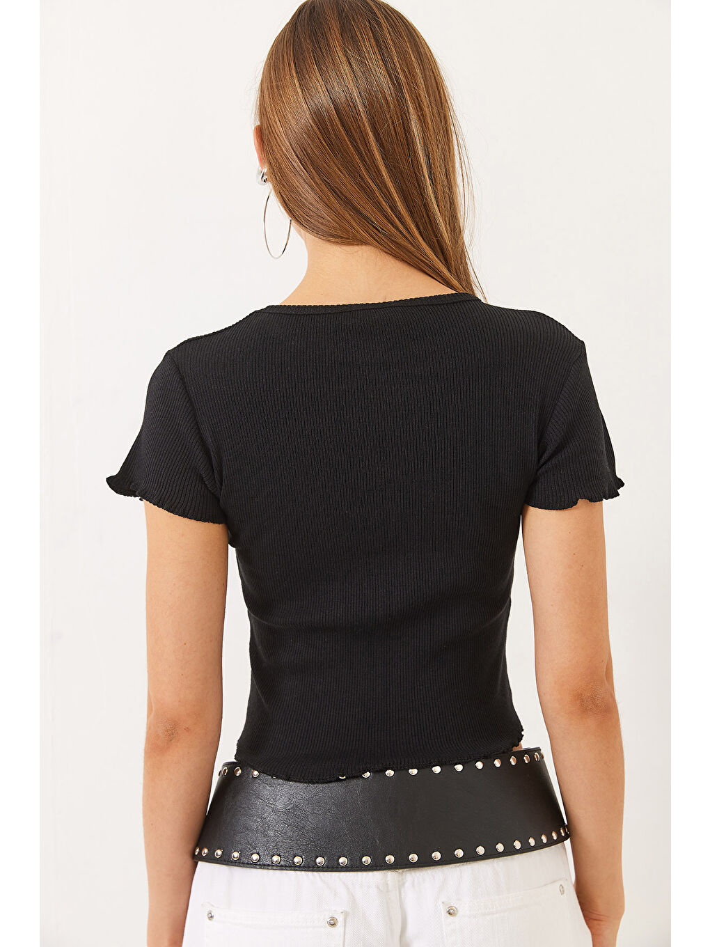 Siyah Kadın Fitilli Kaşkorse Basic T-Shirt-6