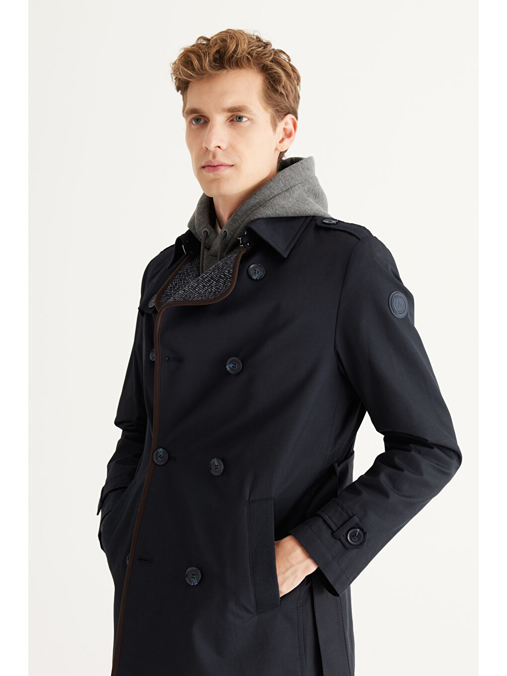 Erkek Lacivert Standart Fit Normal Kesim Gömlek Yaka Pamuklu Trençkot-4