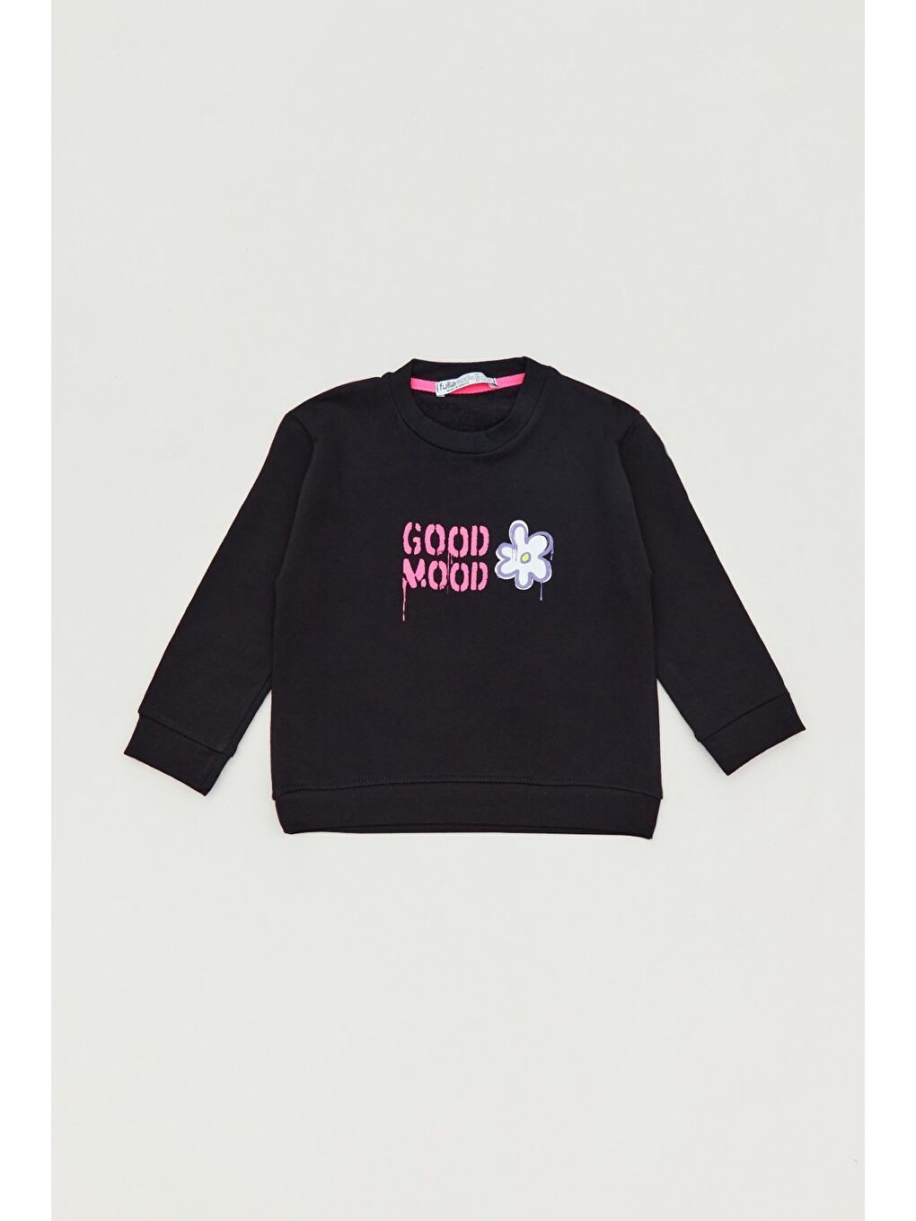 Siyah Good Mood Baskılı Bisiklet Yaka Kız Çocuk Sweatshirt