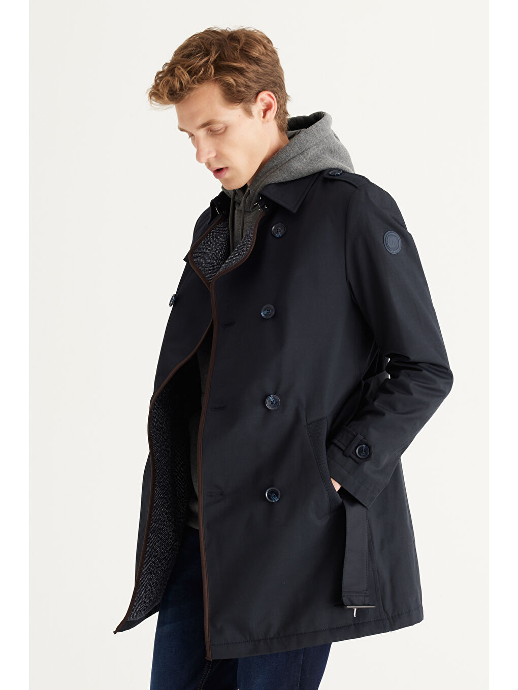 Erkek Lacivert Standart Fit Normal Kesim Gömlek Yaka Pamuklu Trençkot-6