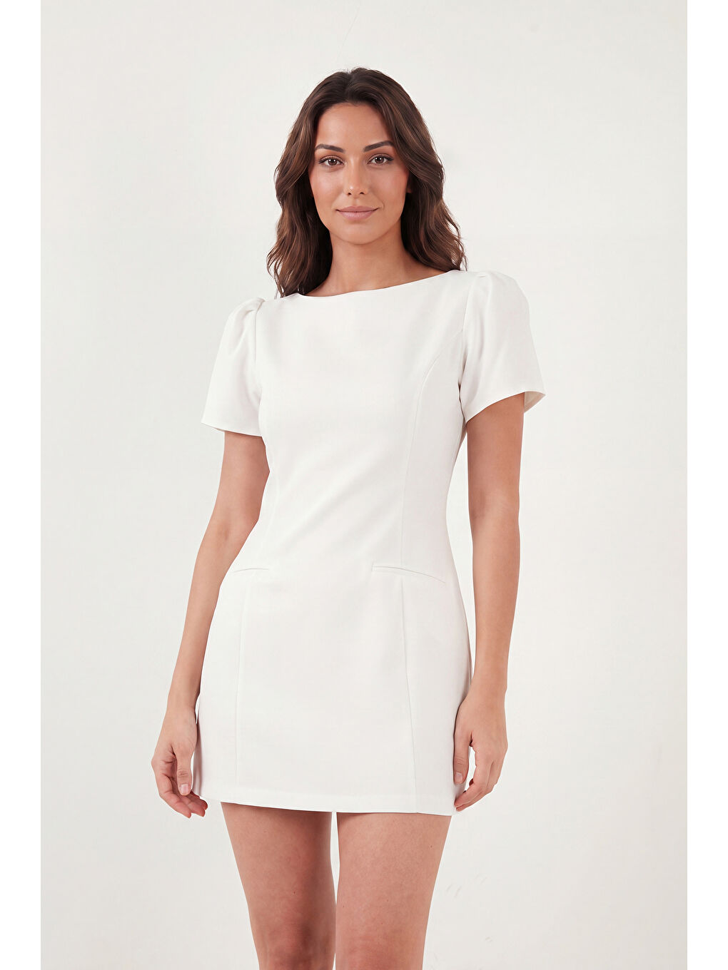 Ekru Kayık Yaka Balon Kol Mini Davet Kadın Elbise 6525735-4