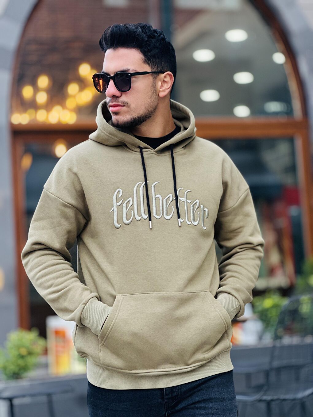 Miron Haki Fell Better Nakışlı Kapüşonlu Üç İplik Oversize Sweatshirt - 1