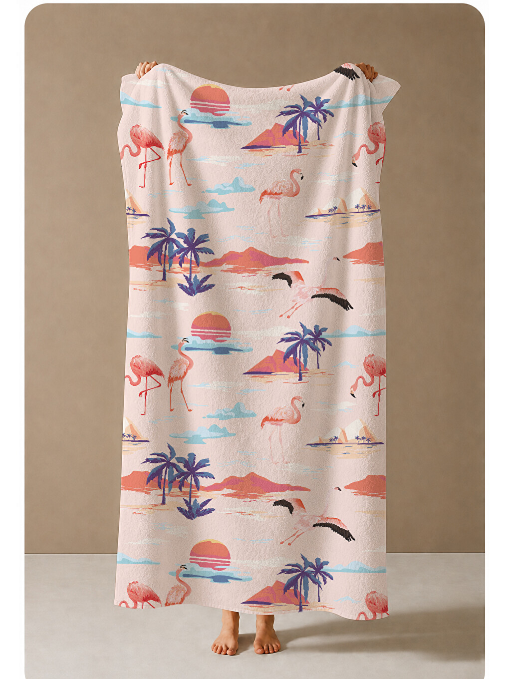 Pembe Flamingo Palmiye Ve Tropikal Sahil Desenli 70x150 Cm Dijital Baskılı Plaj Ve Banyo Havlusu-3