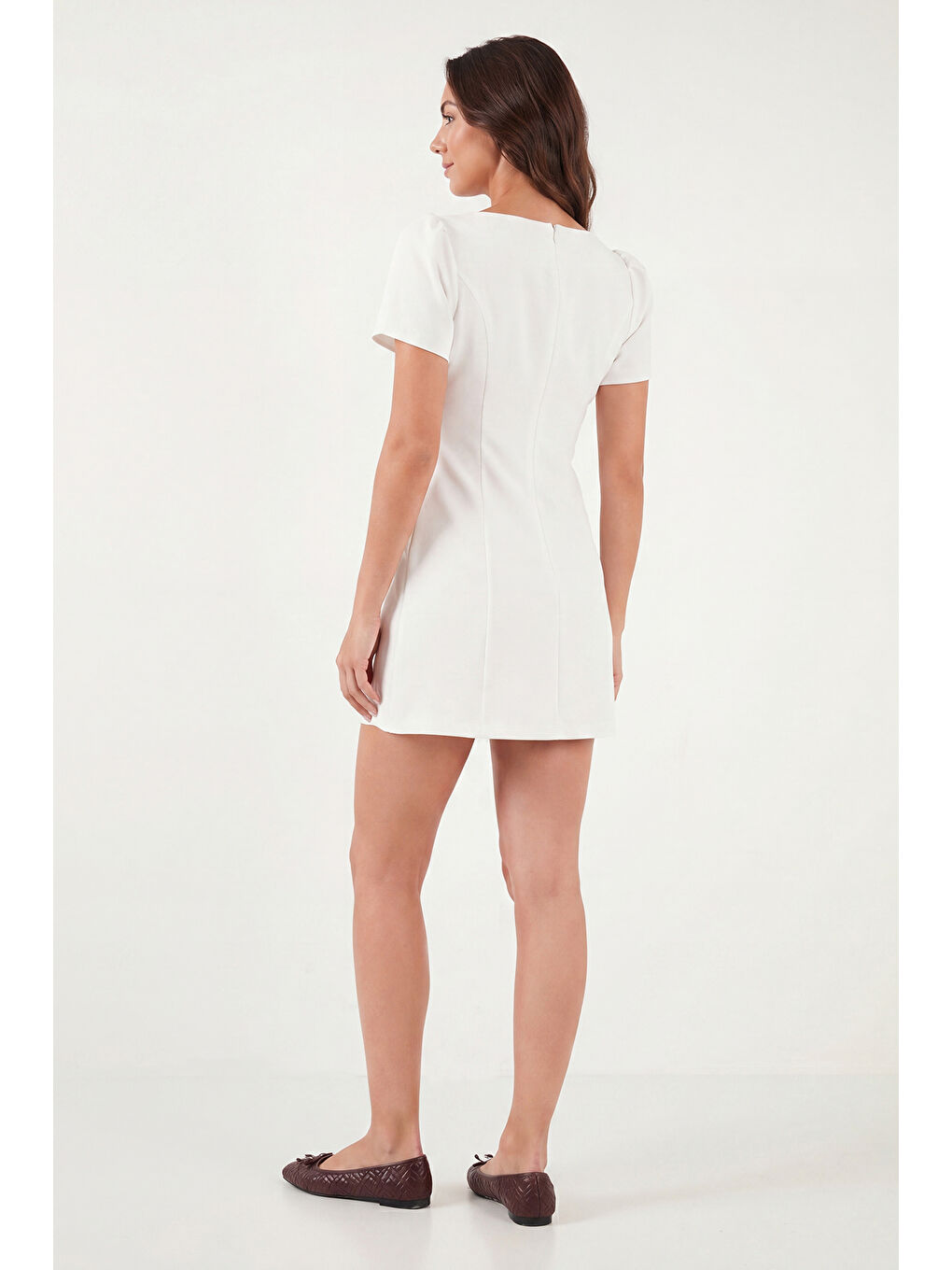 Ekru Kayık Yaka Balon Kol Mini Davet Kadın Elbise 6525735-6