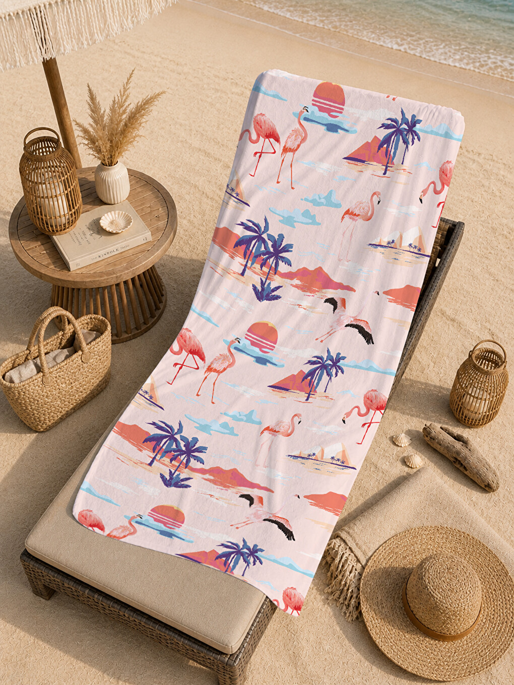 Pembe Flamingo Palmiye Ve Tropikal Sahil Desenli 70x150 Cm Dijital Baskılı Plaj Ve Banyo Havlusu-4