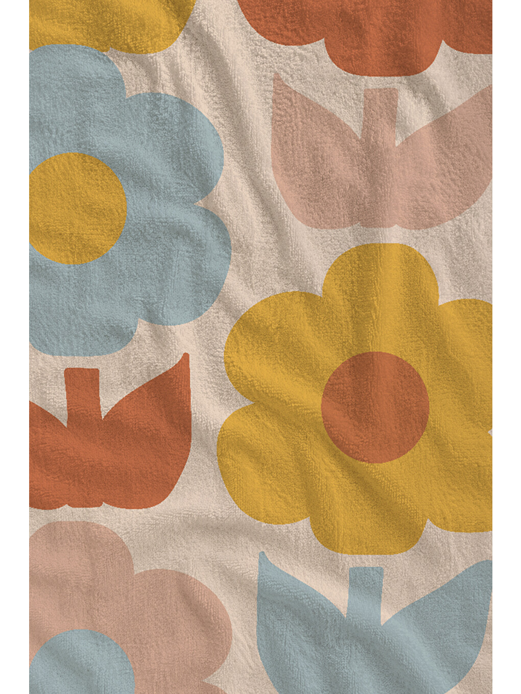 Ekru Pastel Turuncu Sarı Mavi Büyük Retro Çiçek Desenli 70x150 Cm Dijital Baskılı Plaj Ve Banyo Havlusu-1