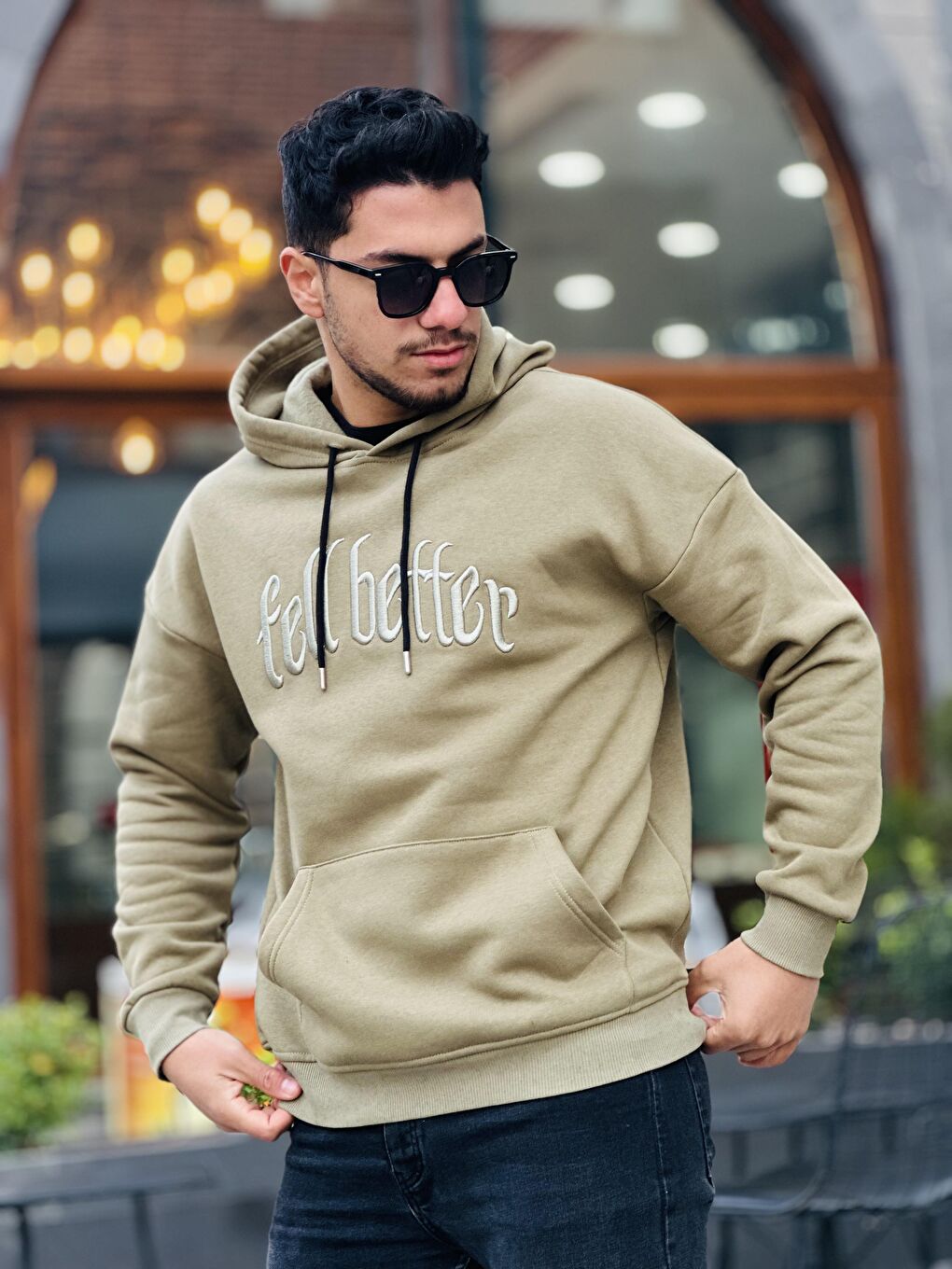 Miron Haki Fell Better Nakışlı Kapüşonlu Üç İplik Oversize Sweatshirt - 2