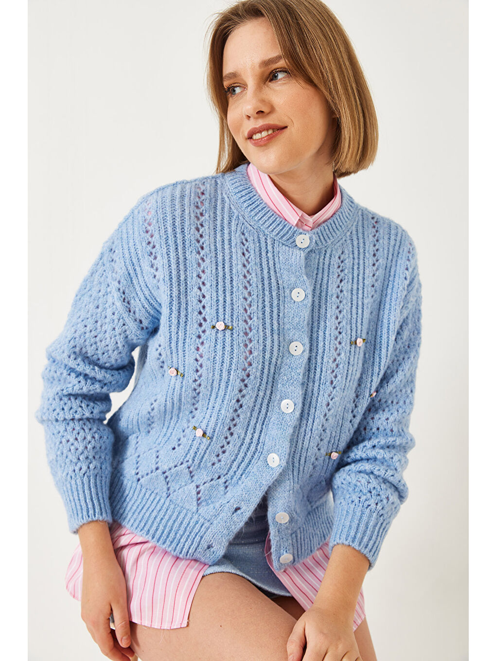 Mavi Kadın Ajurlu Çiçekli Triko Hırka-2