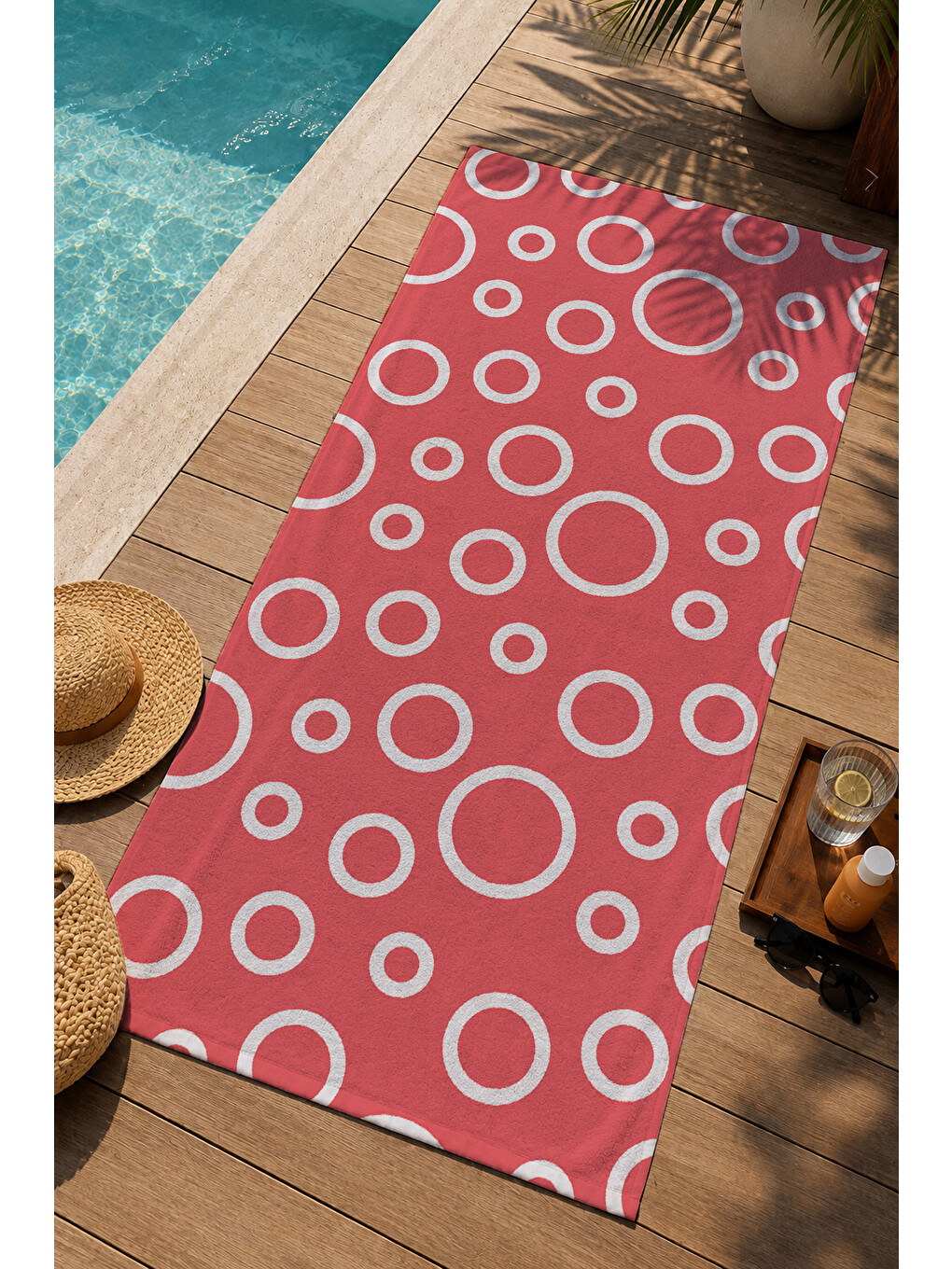 Mercan Kırmızısı Beyaz Halka Geometrik Desenli 70x150 Cm Dijital Baskılı Plaj Ve Banyo Havlusu-2