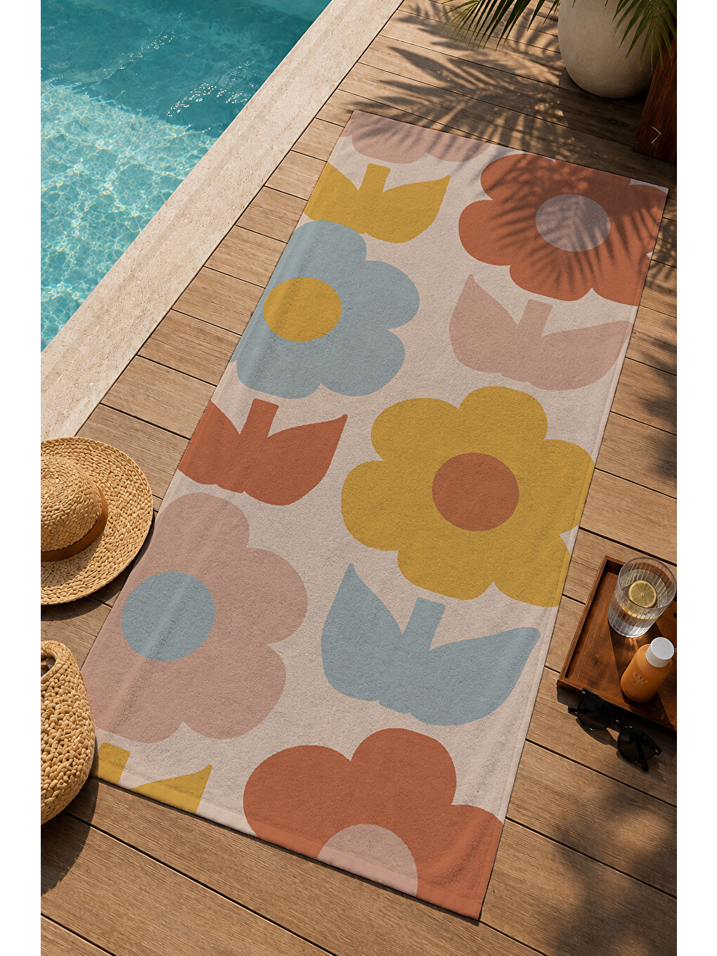 Ekru Pastel Turuncu Sarı Mavi Büyük Retro Çiçek Desenli 70x150 Cm Dijital Baskılı Plaj Ve Banyo Havlusu-2