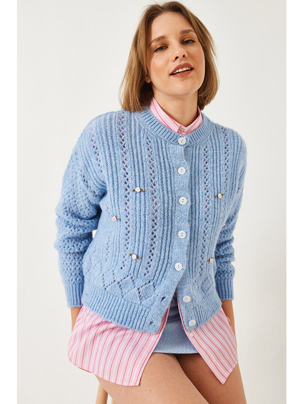 Mavi Kadın Ajurlu Çiçekli Triko Hırka-3