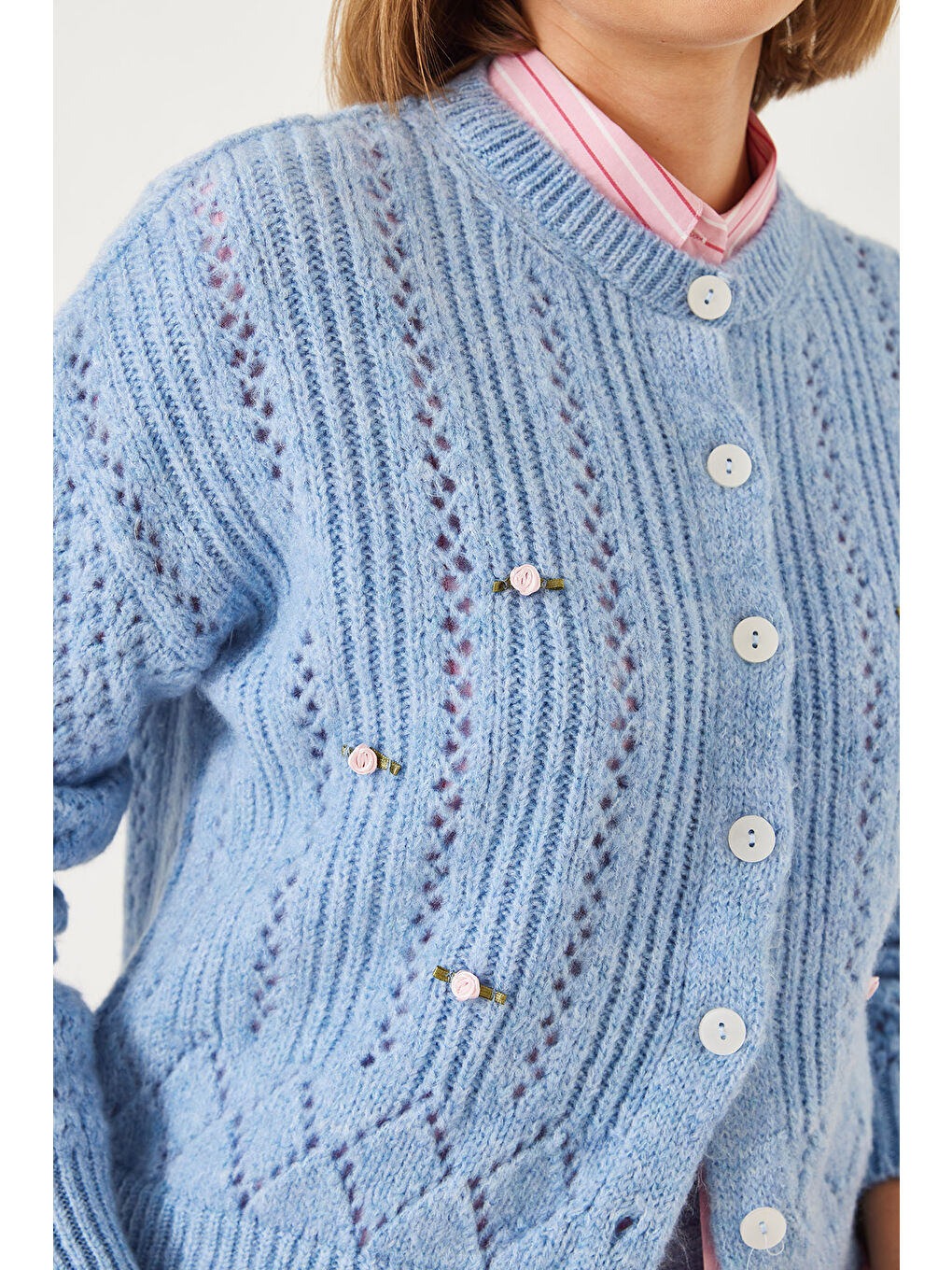 Mavi Kadın Ajurlu Çiçekli Triko Hırka-4