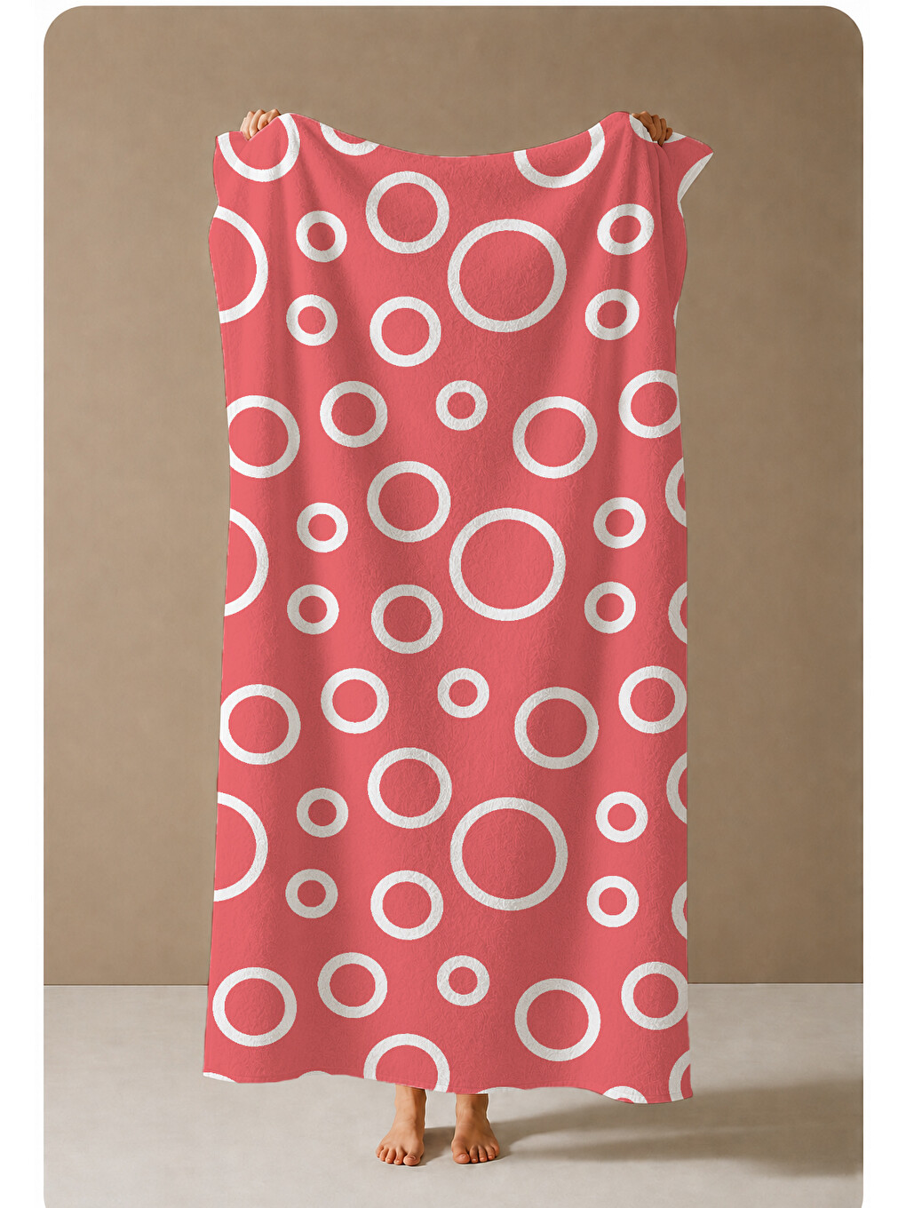 Mercan Kırmızısı Beyaz Halka Geometrik Desenli 70x150 Cm Dijital Baskılı Plaj Ve Banyo Havlusu-3