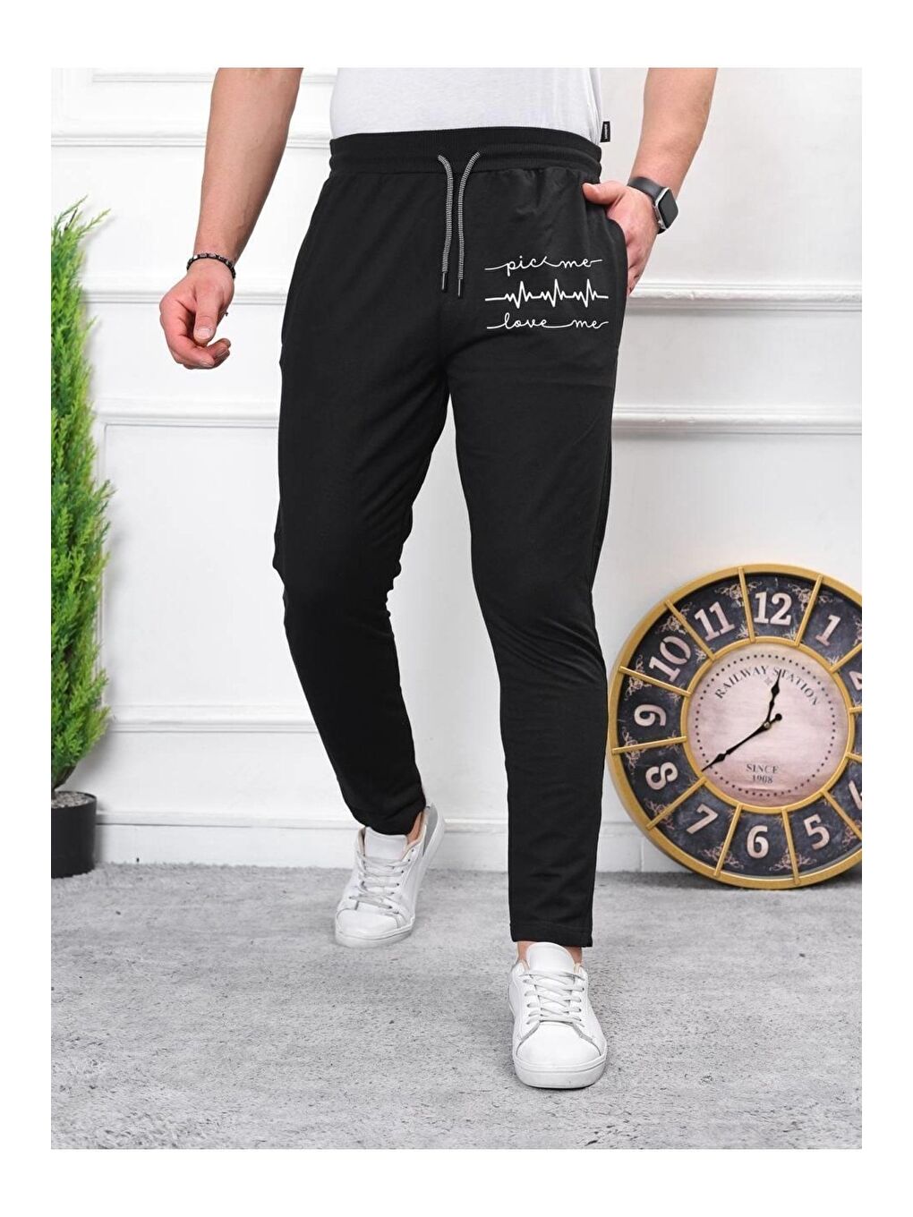 Siyah Erkek Iki Iplik Compact Kumaş Baskılı Eşofman