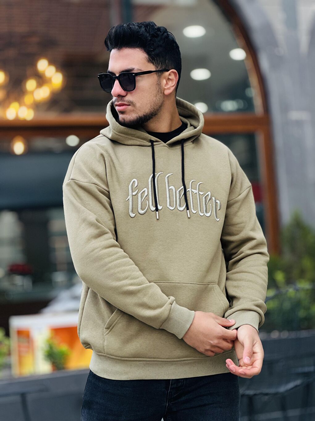 Miron Haki Fell Better Nakışlı Kapüşonlu Üç İplik Oversize Sweatshirt - 3