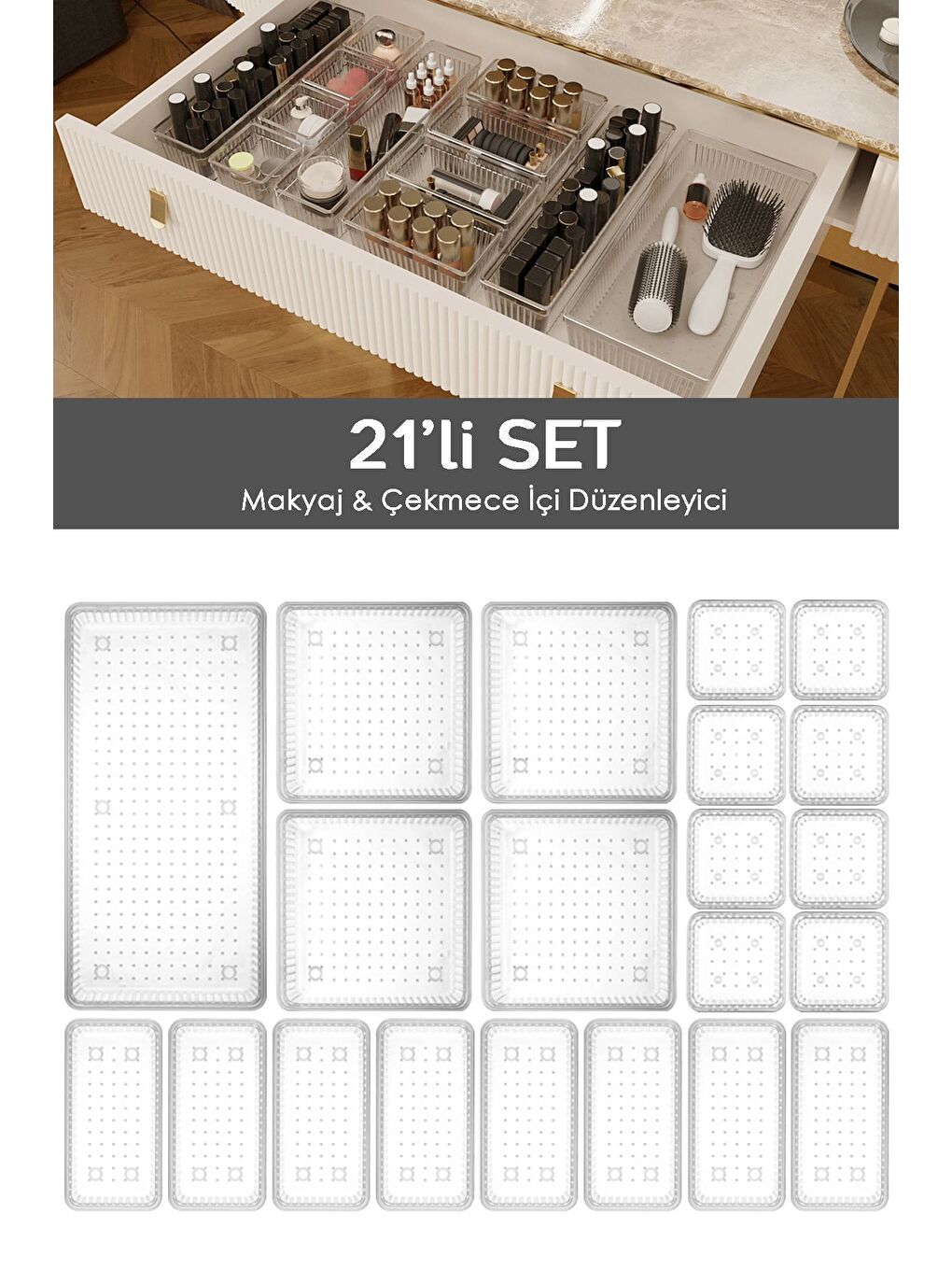21li Çekmece İçi Çok Amaçlı Organizer Kozmetik Takı Makyaj Organizeri Dolap İçi Düzenleyici Şeffaf