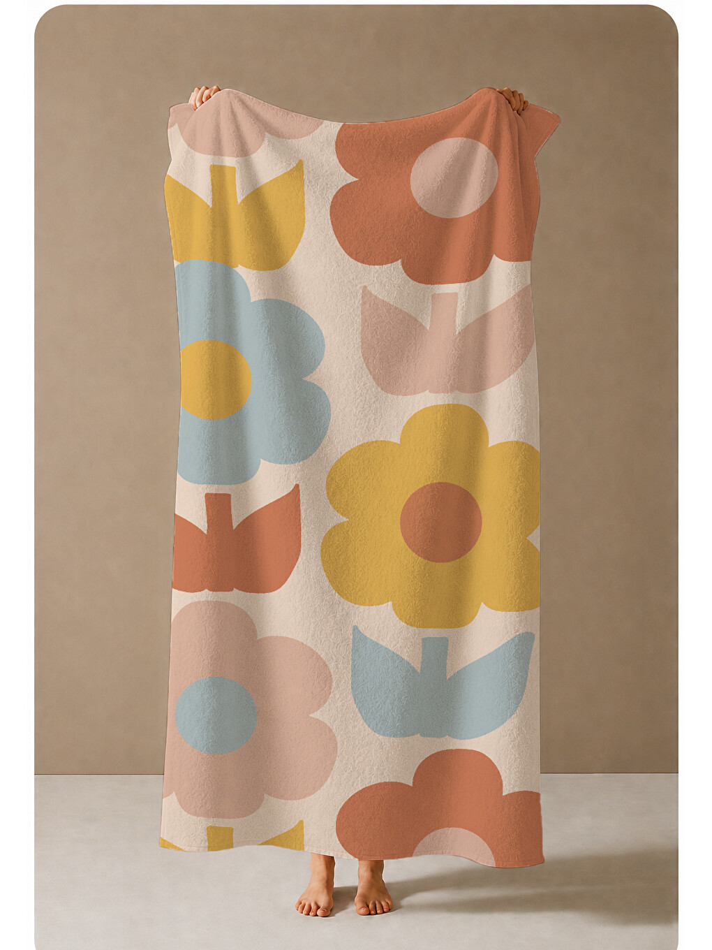 Ekru Pastel Turuncu Sarı Mavi Büyük Retro Çiçek Desenli 70x150 Cm Dijital Baskılı Plaj Ve Banyo Havlusu-3