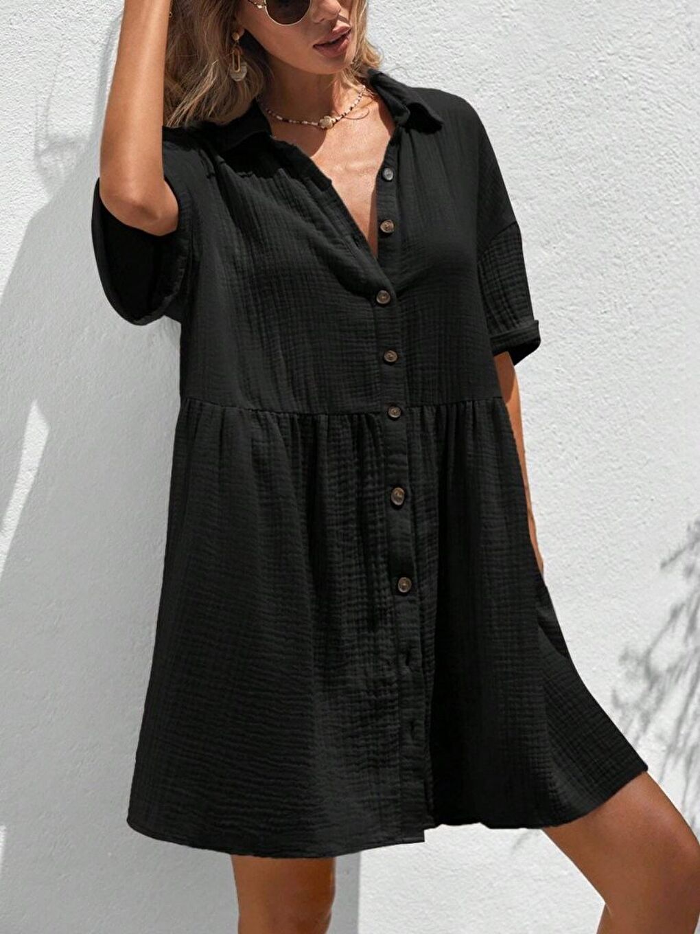 Siyah Kadın Kısa Kollu Yakalı önden Düğmeli Kısa Bürümcük Elbise