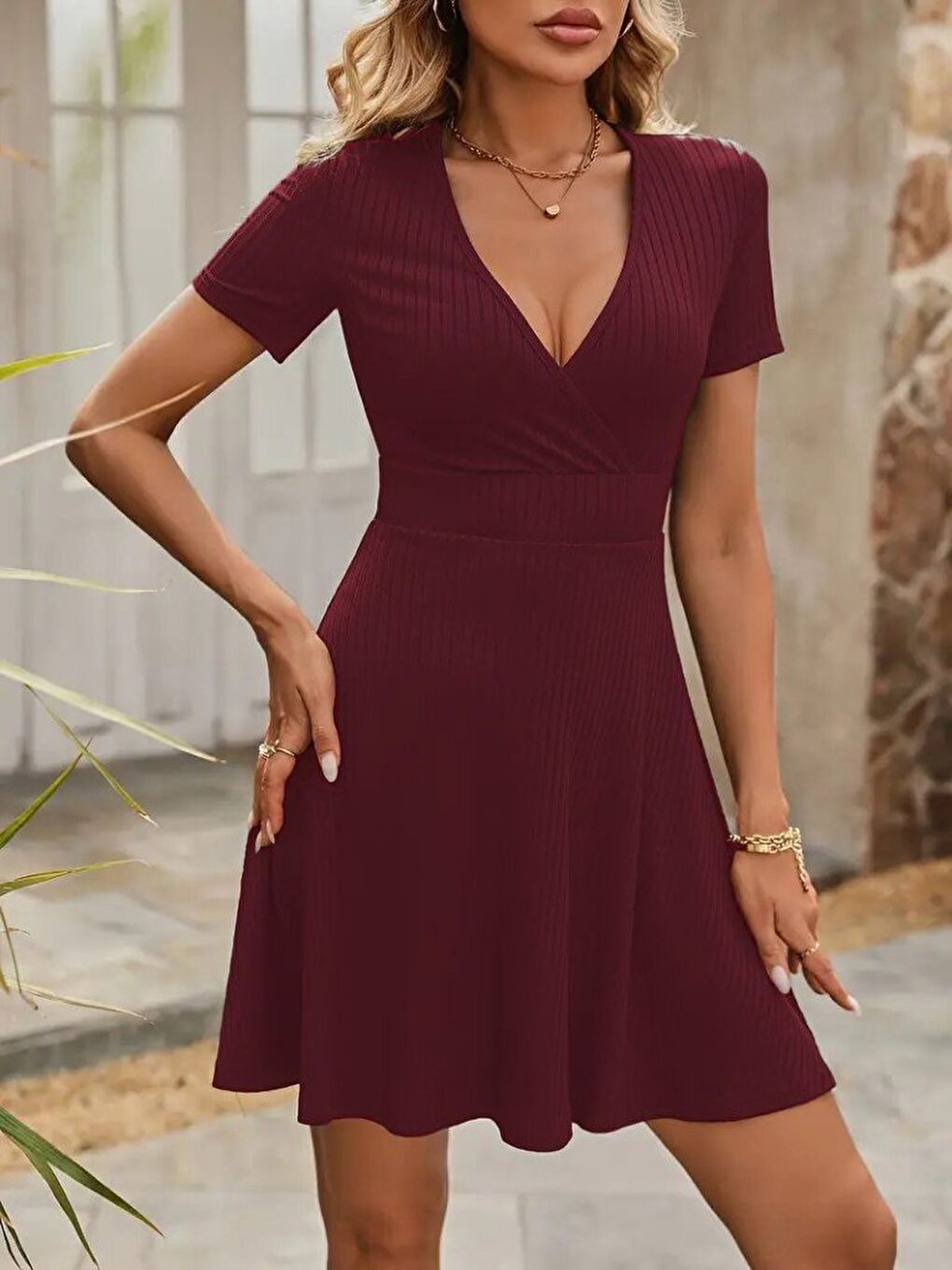 Bordo Kadın Kısa Kollu Kruvaze Yaka A Kesim Kalın Fitilli Kaşkorse Elbise-3