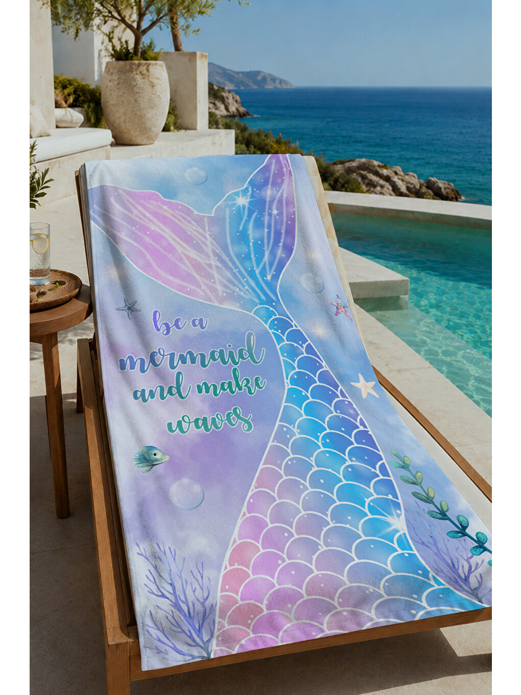 Pastel Mavi Mor Deniz Kızı Kuyruğu Suluboya Desenli 70x150 Cm Dijital Baskılı Plaj Ve Banyo Havlusu