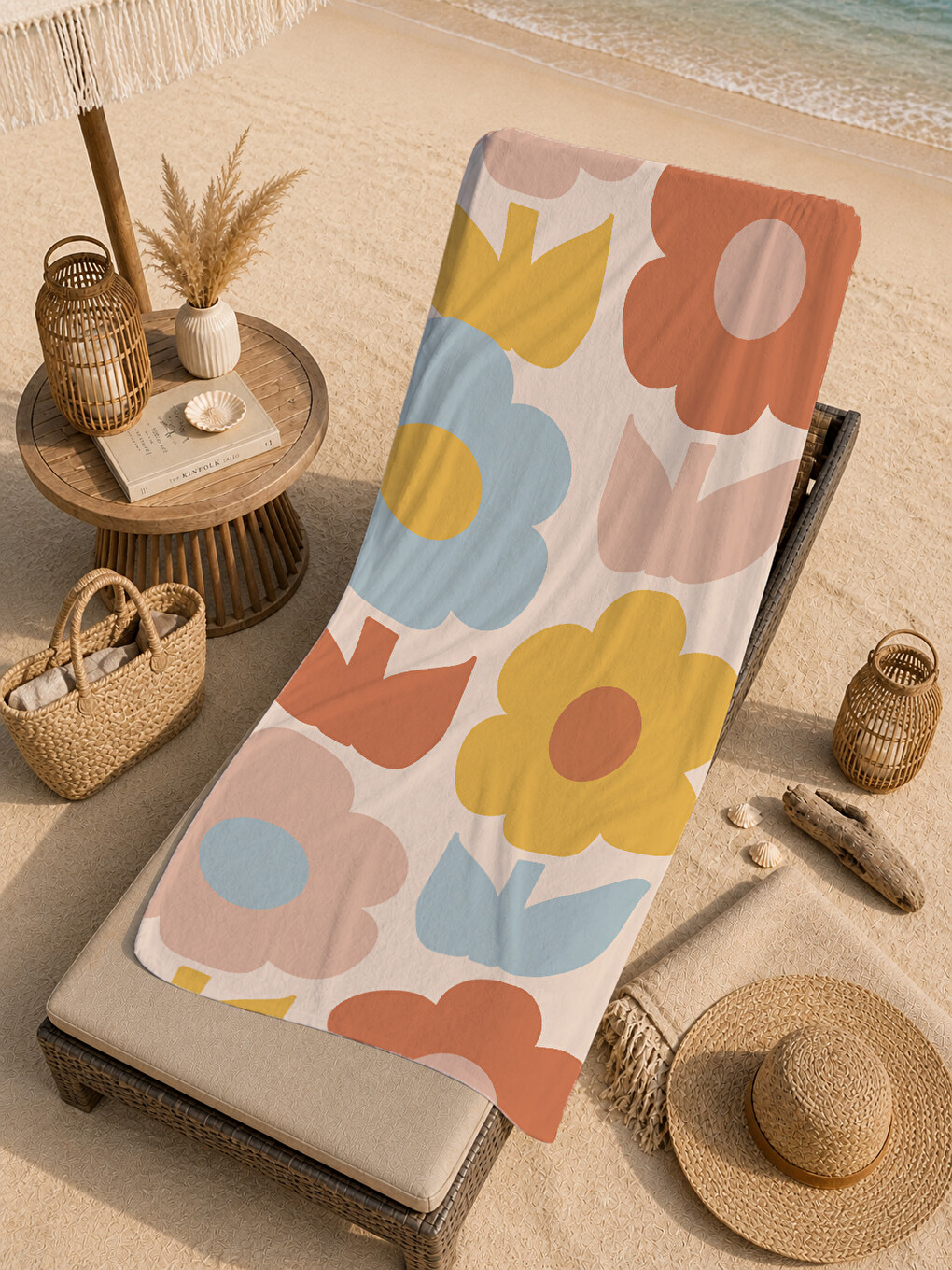 Ekru Pastel Turuncu Sarı Mavi Büyük Retro Çiçek Desenli 70x150 Cm Dijital Baskılı Plaj Ve Banyo Havlusu-4