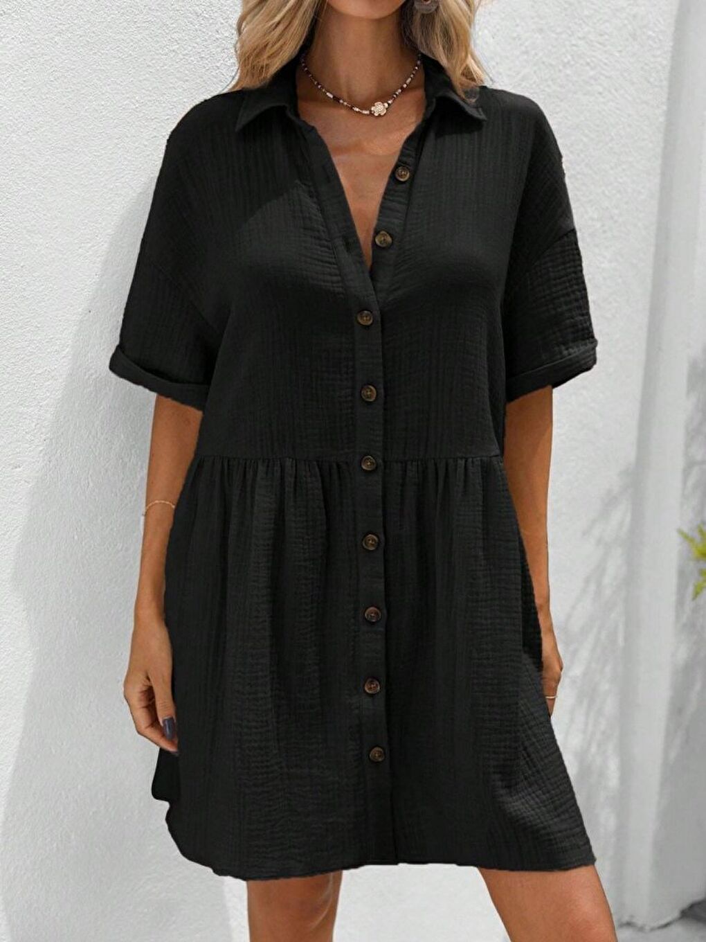 Siyah Kadın Kısa Kollu Yakalı önden Düğmeli Kısa Bürümcük Elbise-3