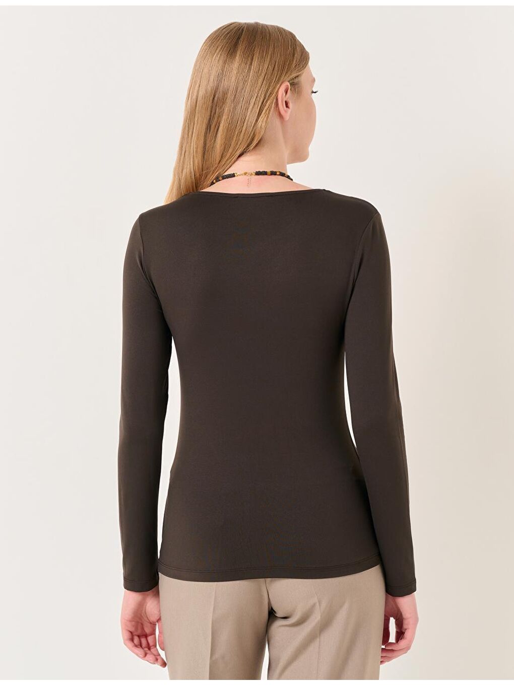 Kahverengi Koyu Kahve Asimetrik Yaka Uzun Kollu Bluz-5