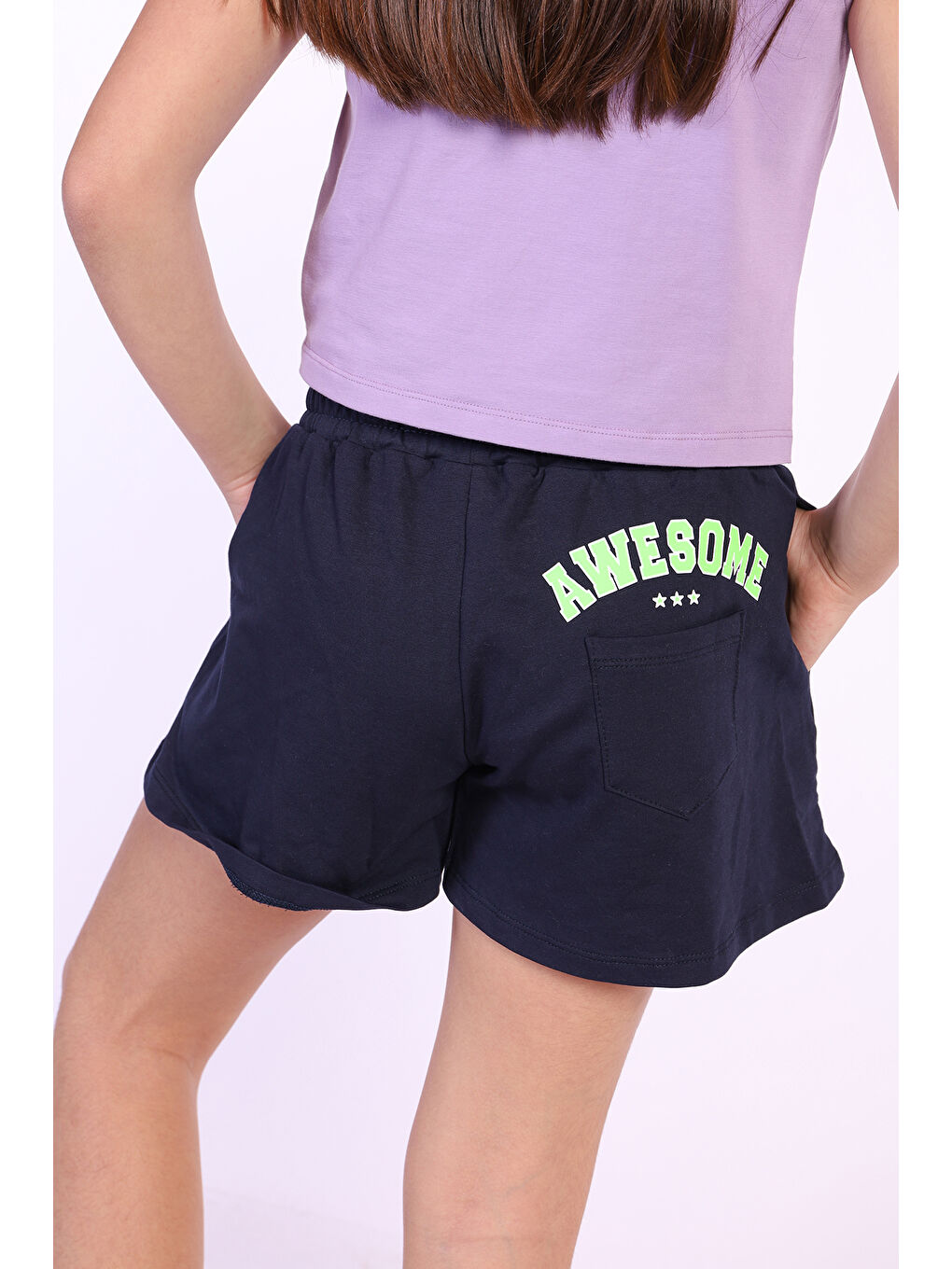 Lacivert Kız Çocuk Arka Awesome Baskılı Şort-1