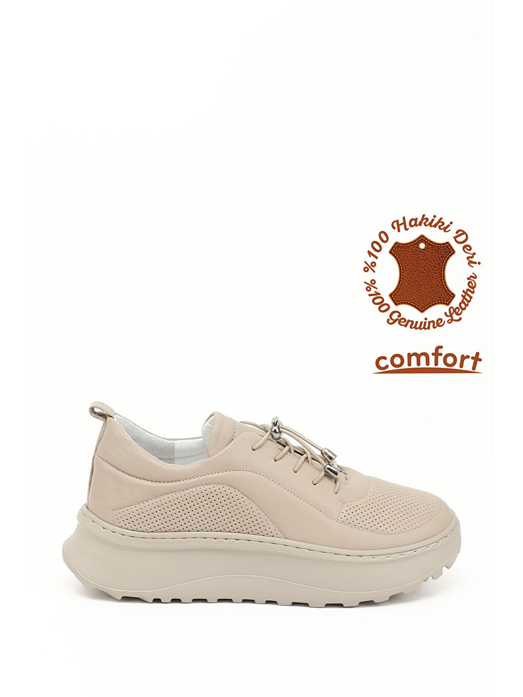 Bej Kadın AÇIK NUDE Lastik Bağcıklı Comfort Hakiki Deri Sneaker