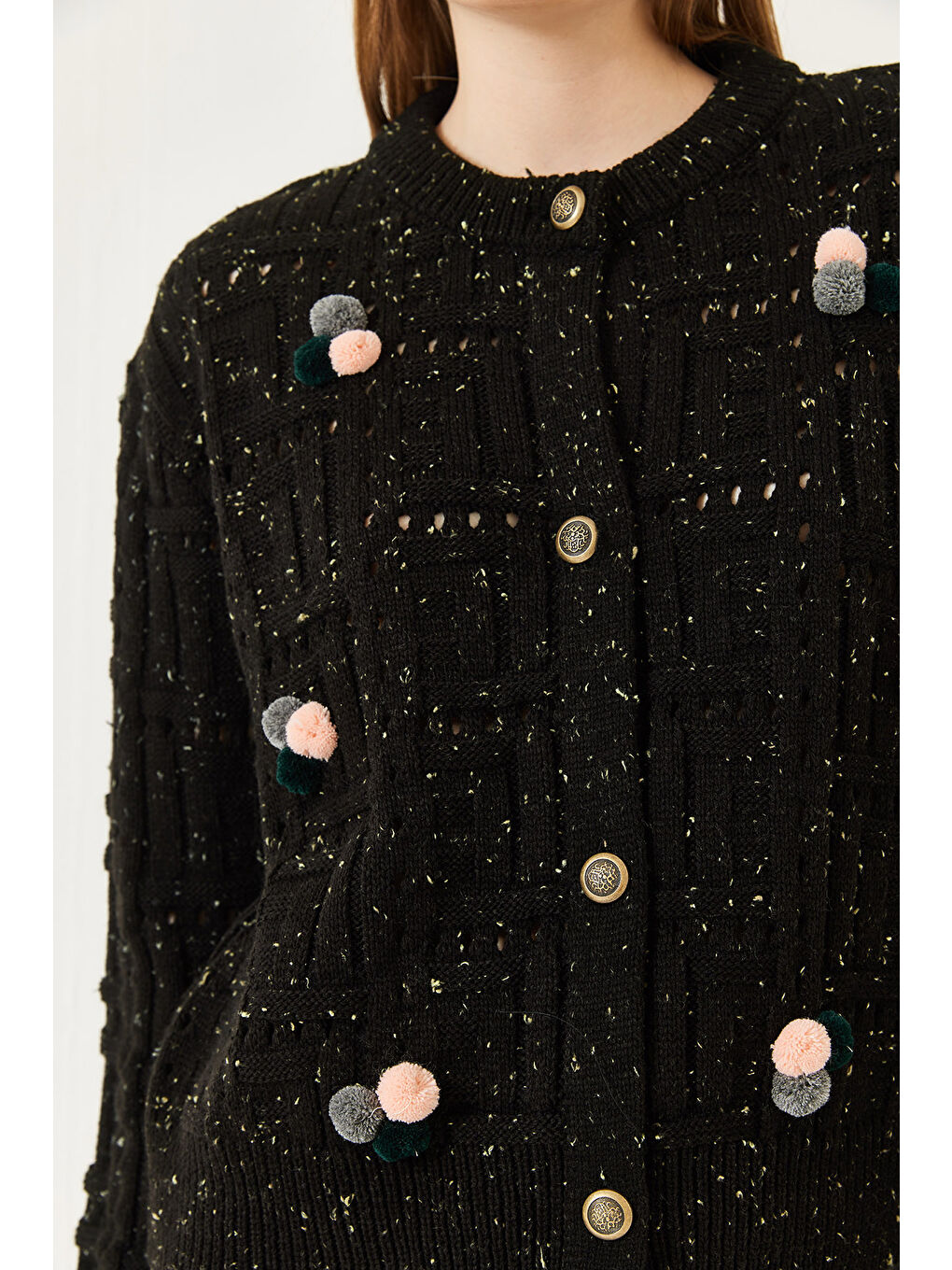 Siyah Kadın Ponponlu Desenli Triko Hırka-4