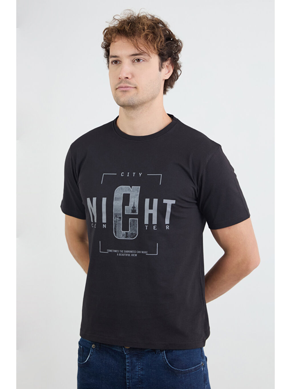 Siyah Night Yazı Baskılı Bisiklet Yaka Tişört-2