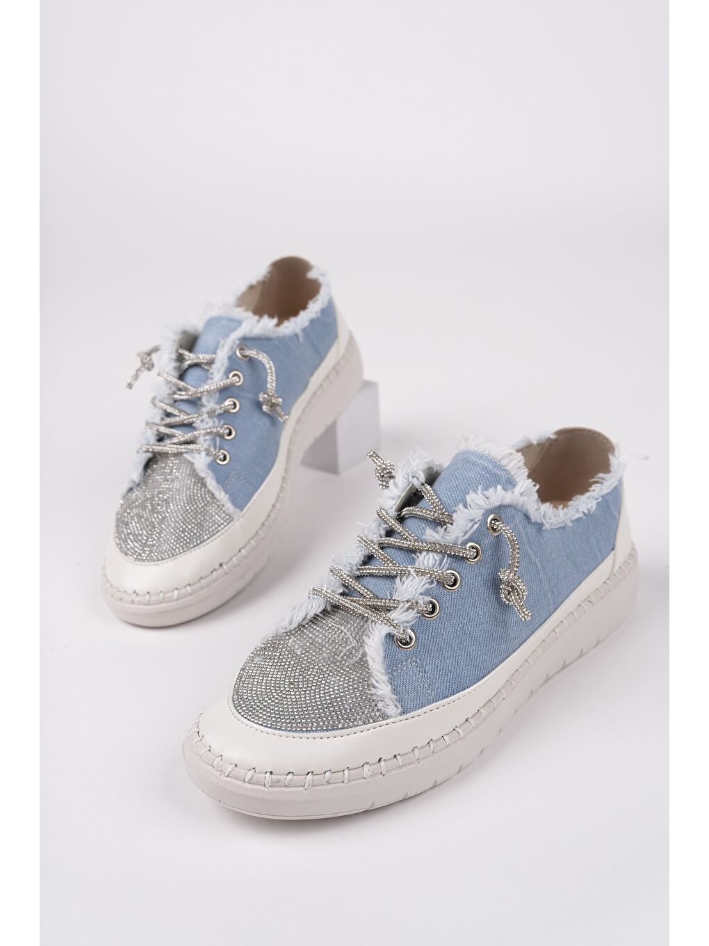 Mavi DAMSEL Bağcıklı Taşlı Kadın Günlük Denim Sneaker Spor Ayakkabı-1