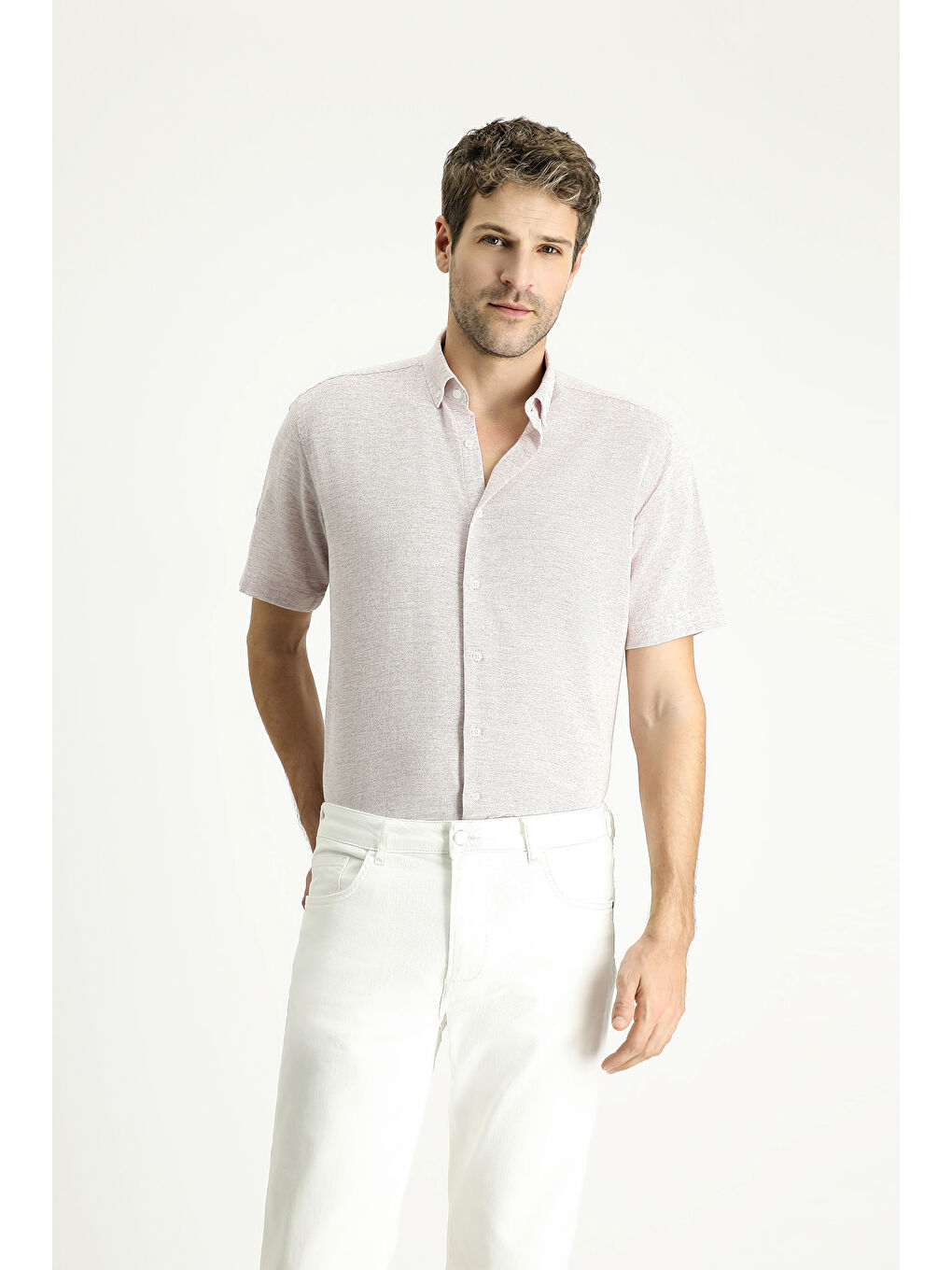 Mürdüm Kısa Kol Regular Fit Desenli Spor Pamuklu Gömlek