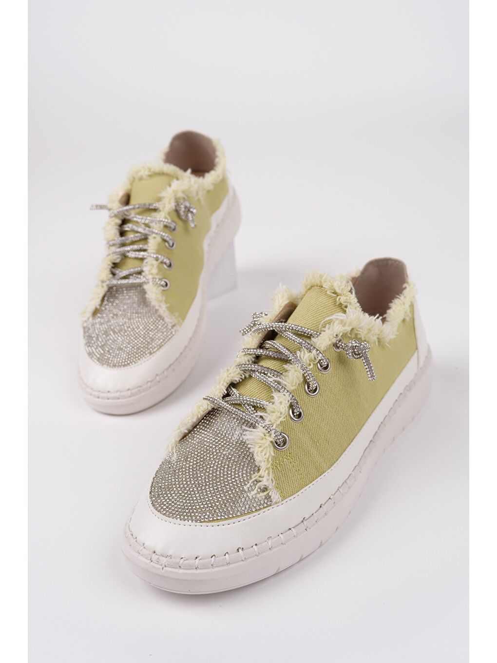 Yeşil DAMSEL Bağcıklı Taşlı Kadın Günlük Denim Sneaker Spor Ayakkabı-1