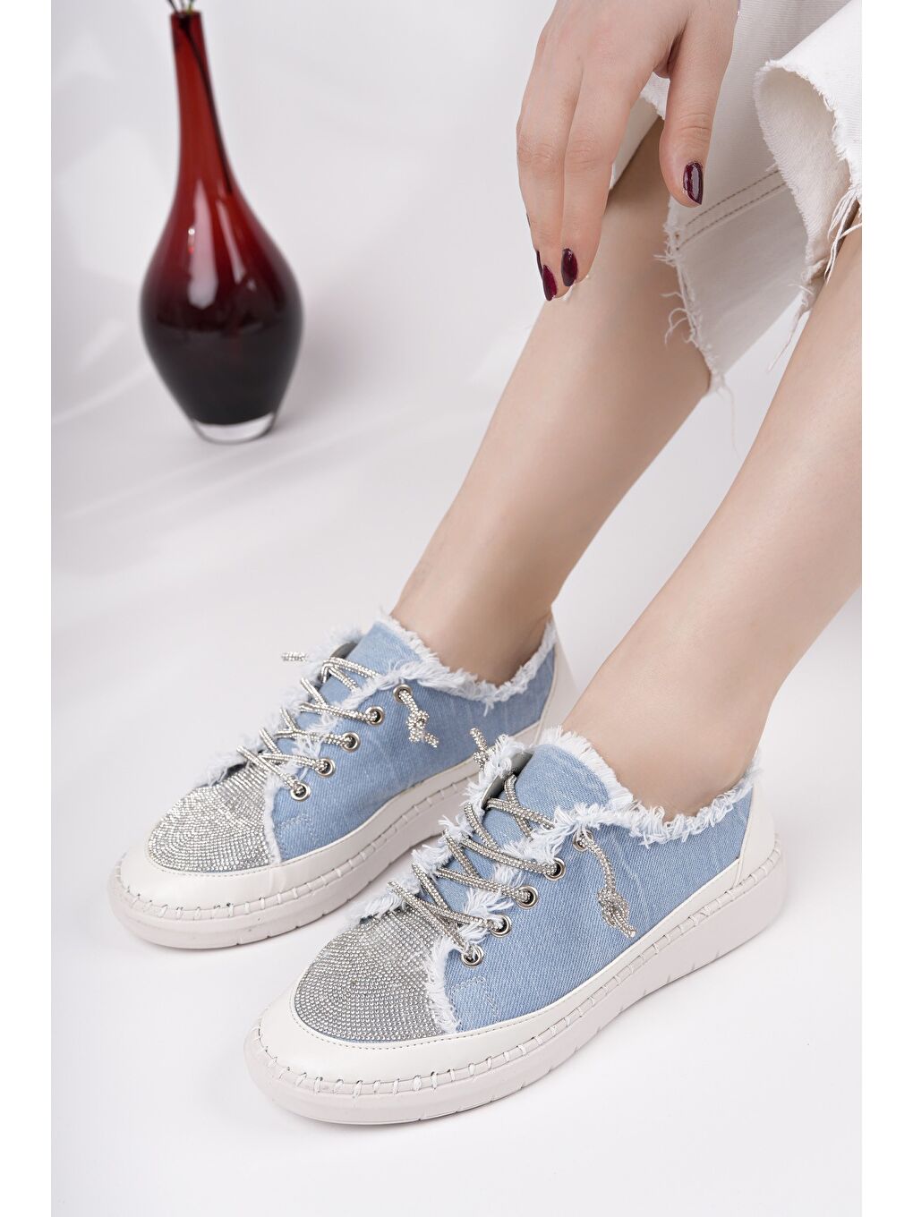 Mavi DAMSEL Bağcıklı Taşlı Kadın Günlük Denim Sneaker Spor Ayakkabı-4