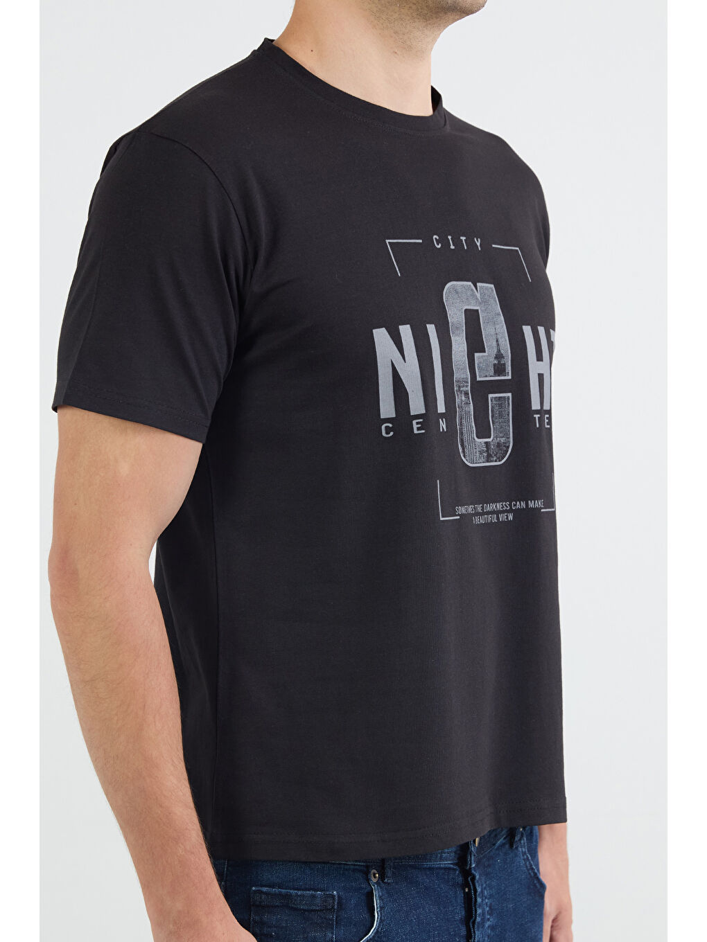 Siyah Night Yazı Baskılı Bisiklet Yaka Tişört-4