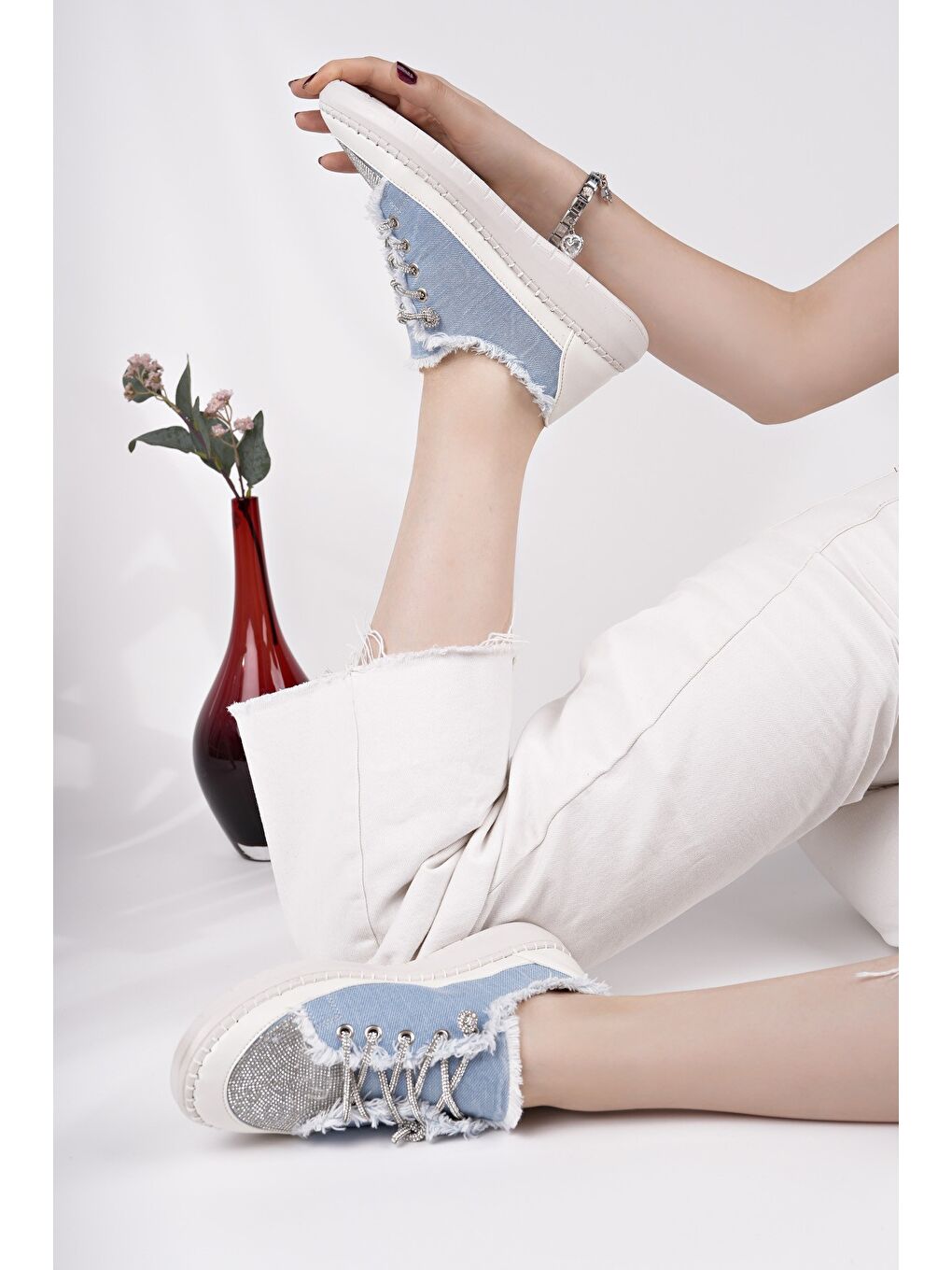 Mavi DAMSEL Bağcıklı Taşlı Kadın Günlük Denim Sneaker Spor Ayakkabı-5