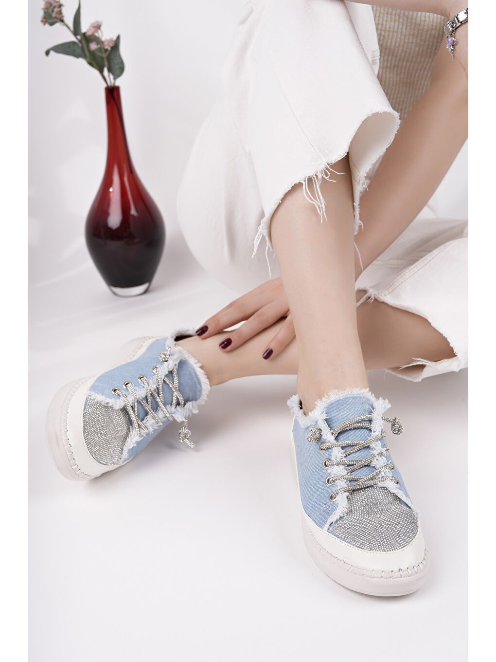 Mavi DAMSEL Bağcıklı Taşlı Kadın Günlük Denim Sneaker Spor Ayakkabı-6