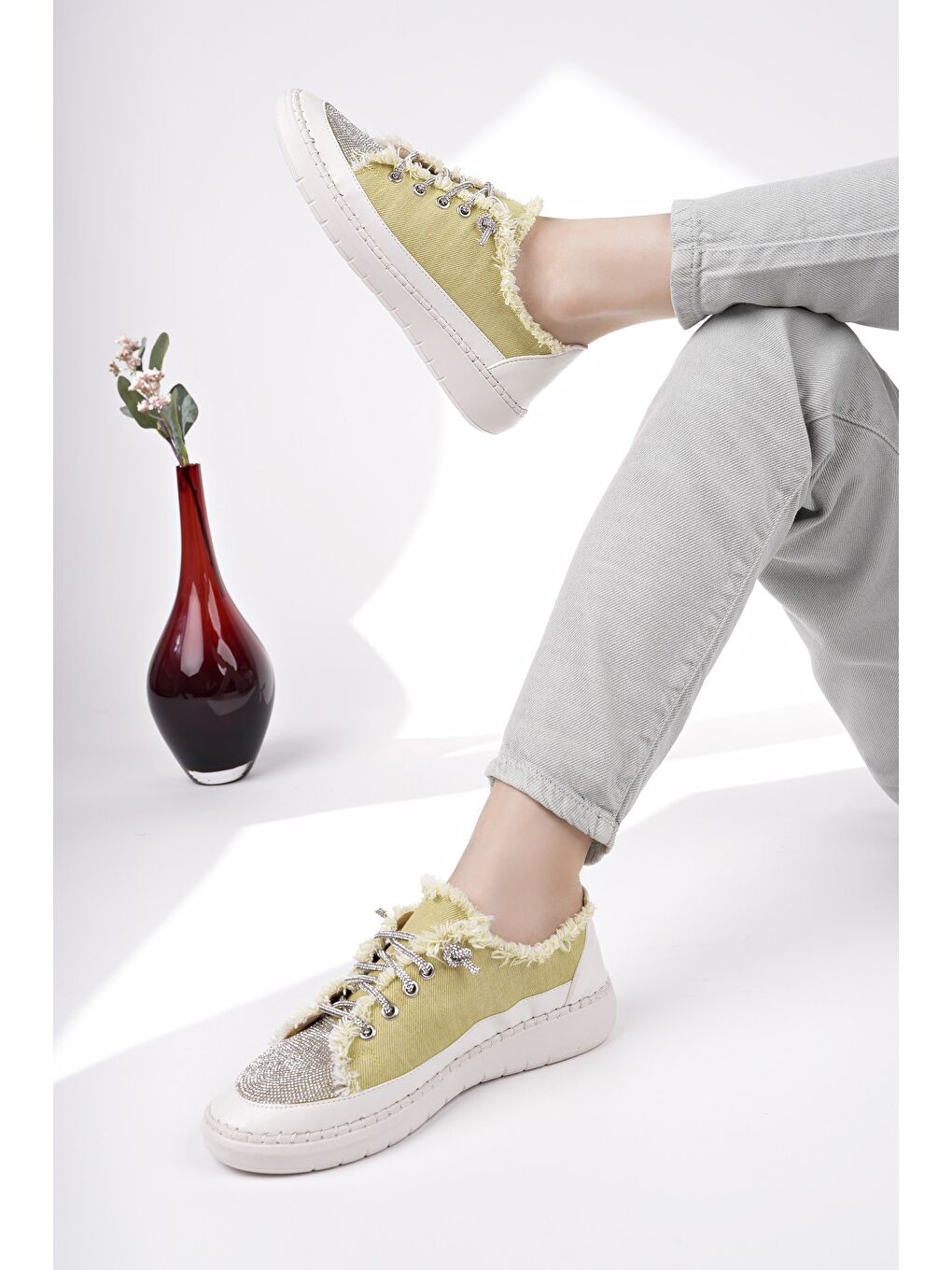 Yeşil DAMSEL Bağcıklı Taşlı Kadın Günlük Denim Sneaker Spor Ayakkabı-4