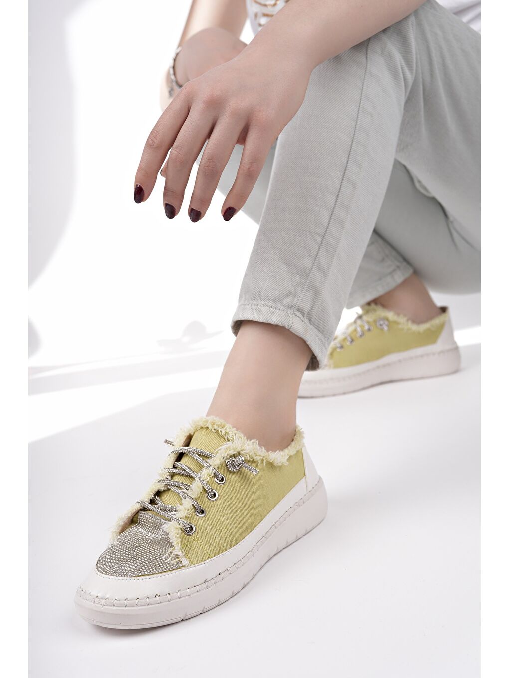 Yeşil DAMSEL Bağcıklı Taşlı Kadın Günlük Denim Sneaker Spor Ayakkabı-5